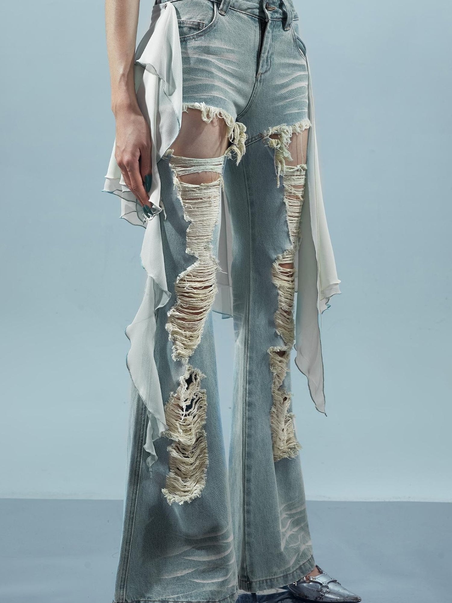 UpdateNN NORTH NODE Distressed Denim Flared Pants With Detachable Apron