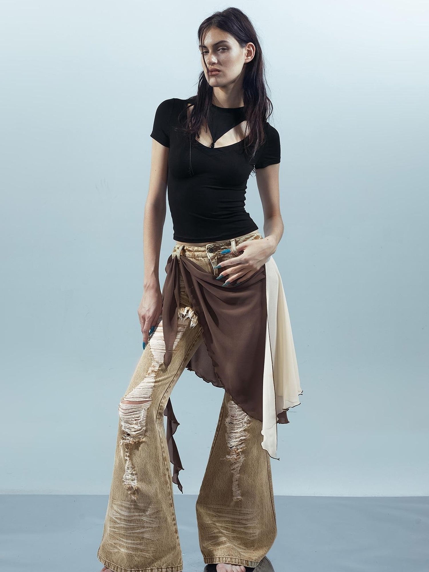 UpdateNN NORTH NODE Distressed Denim Flared Pants With Detachable Apron