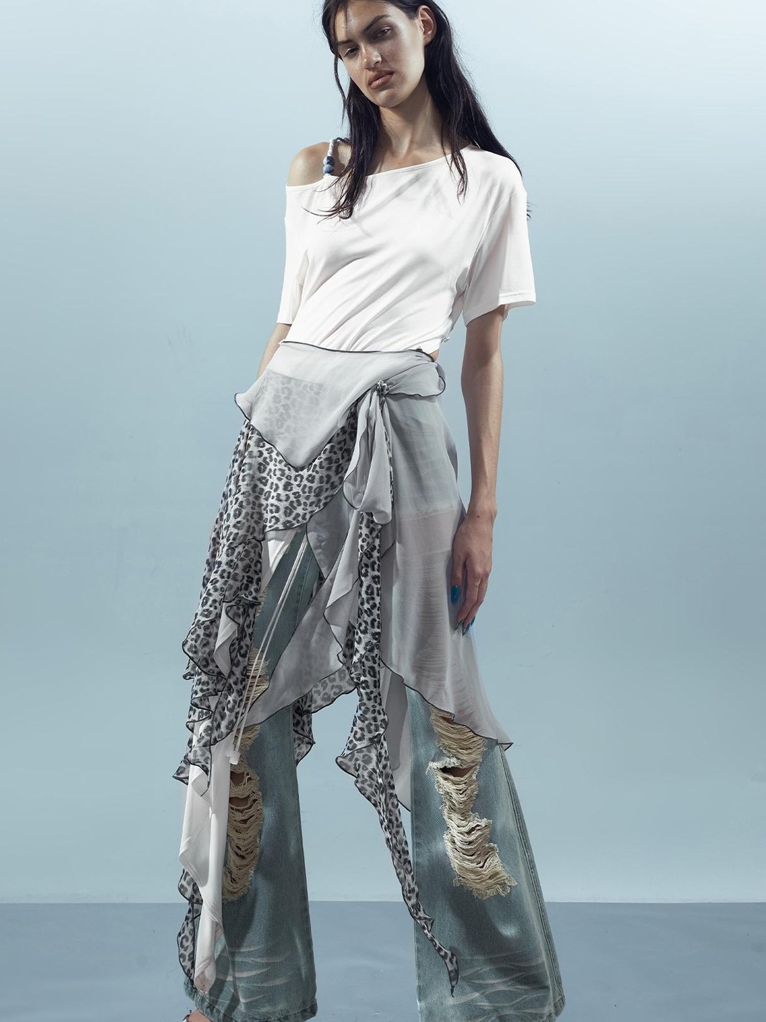 UpdateNN NORTH NODE Distressed Denim Flared Pants With Detachable Apron