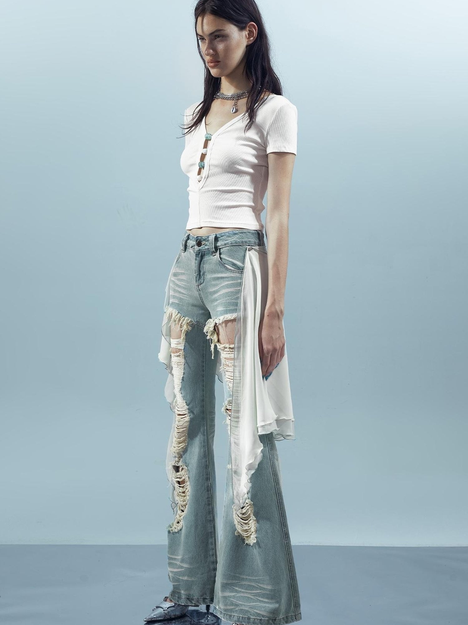 UpdateNN NORTH NODE Distressed Denim Flared Pants With Detachable Apron