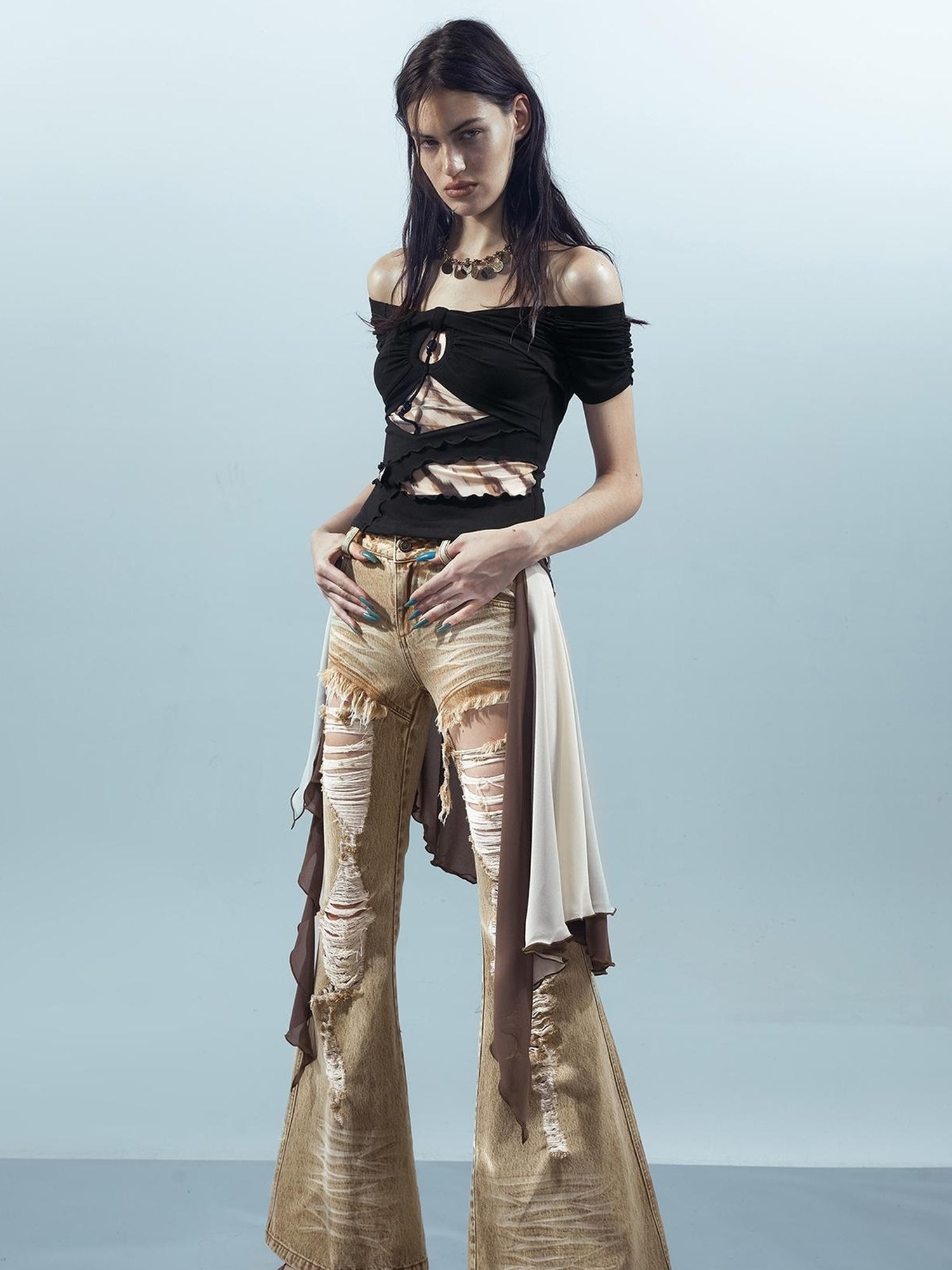 UpdateNN NORTH NODE Distressed Denim Flared Pants With Detachable Apron