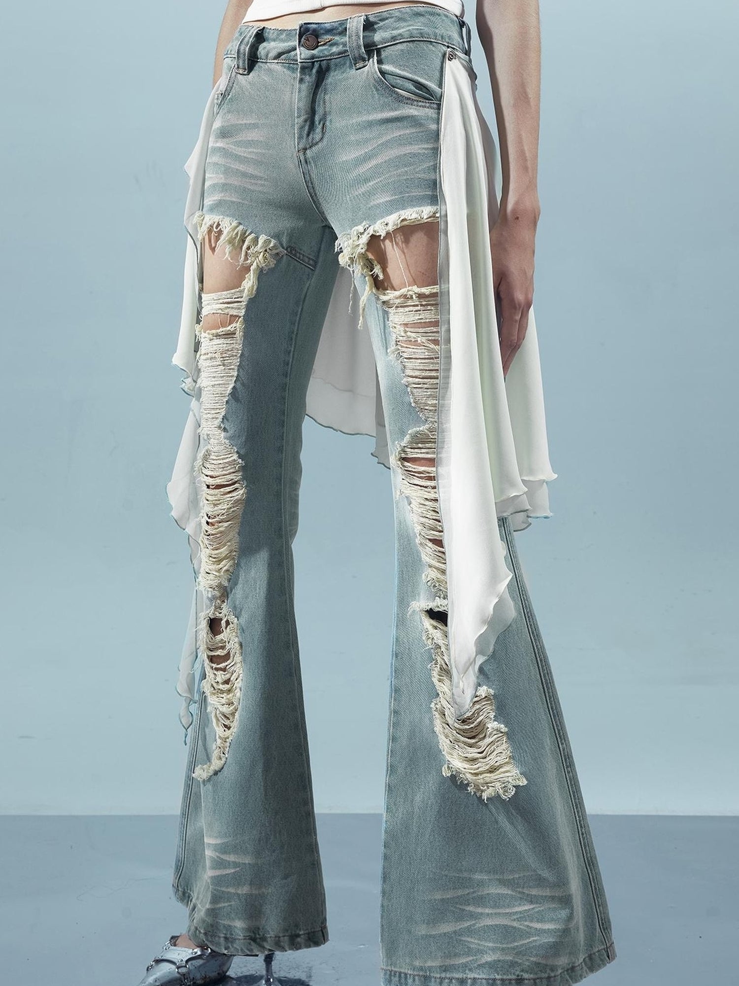 UpdateNN NORTH NODE Distressed Denim Flared Pants With Detachable Apron