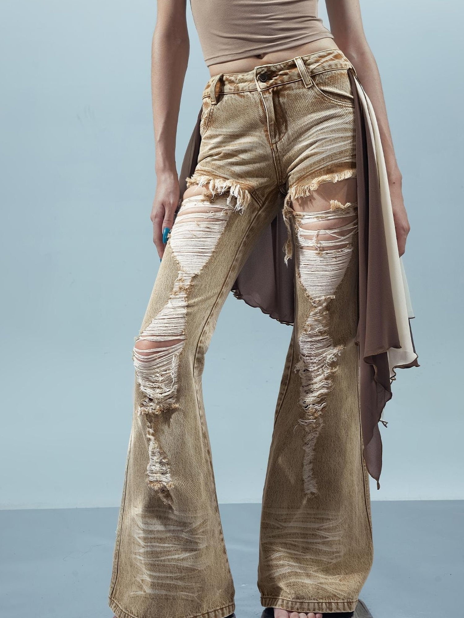 UpdateNN NORTH NODE Distressed Denim Flared Pants With Detachable Apron