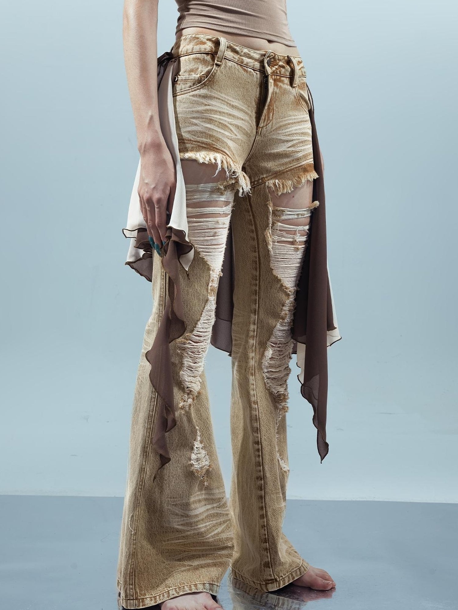 UpdateNN NORTH NODE Distressed Denim Flared Pants With Detachable Apron