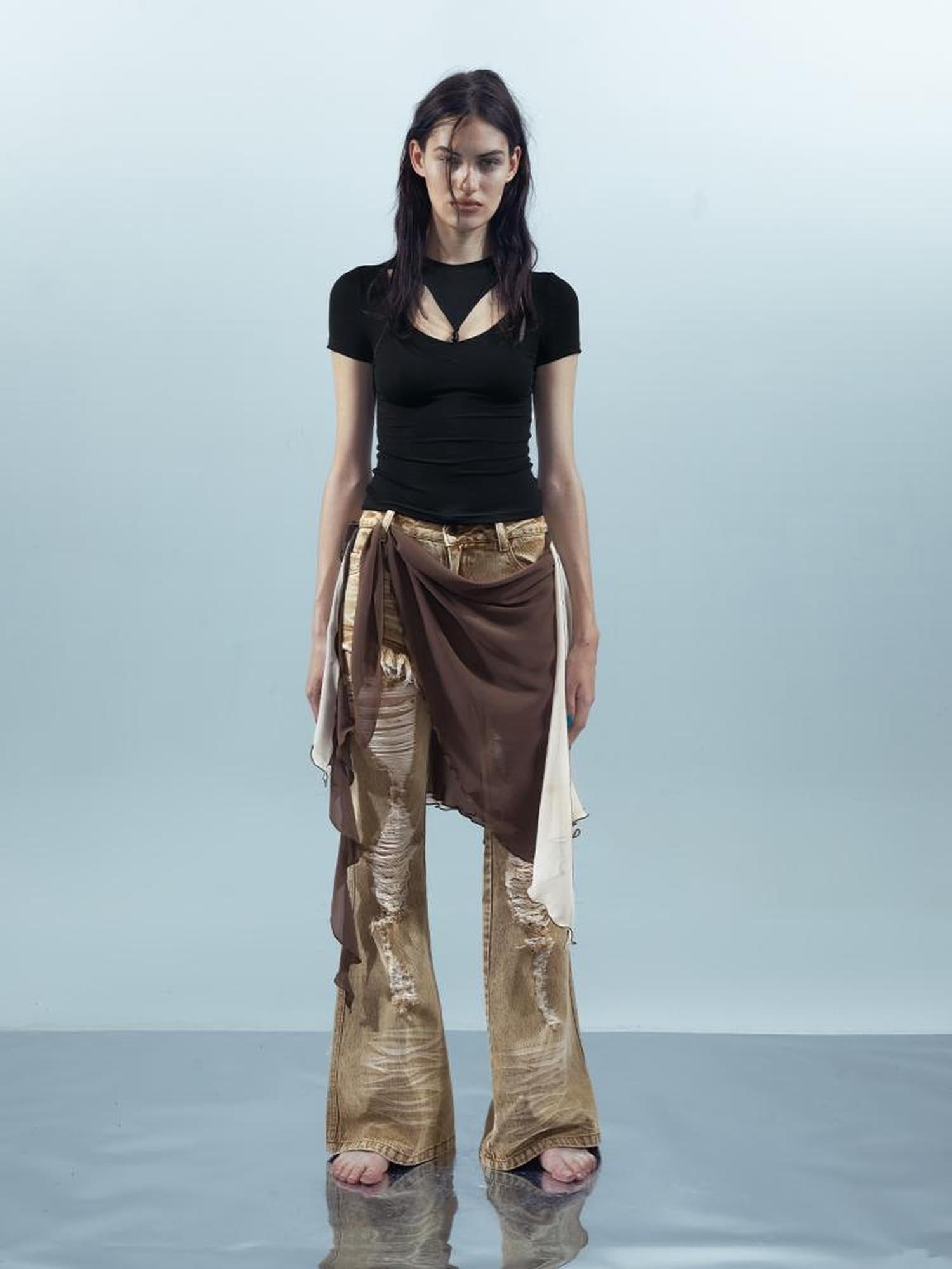 UpdateNN NORTH NODE Distressed Denim Flared Pants With Detachable Apron