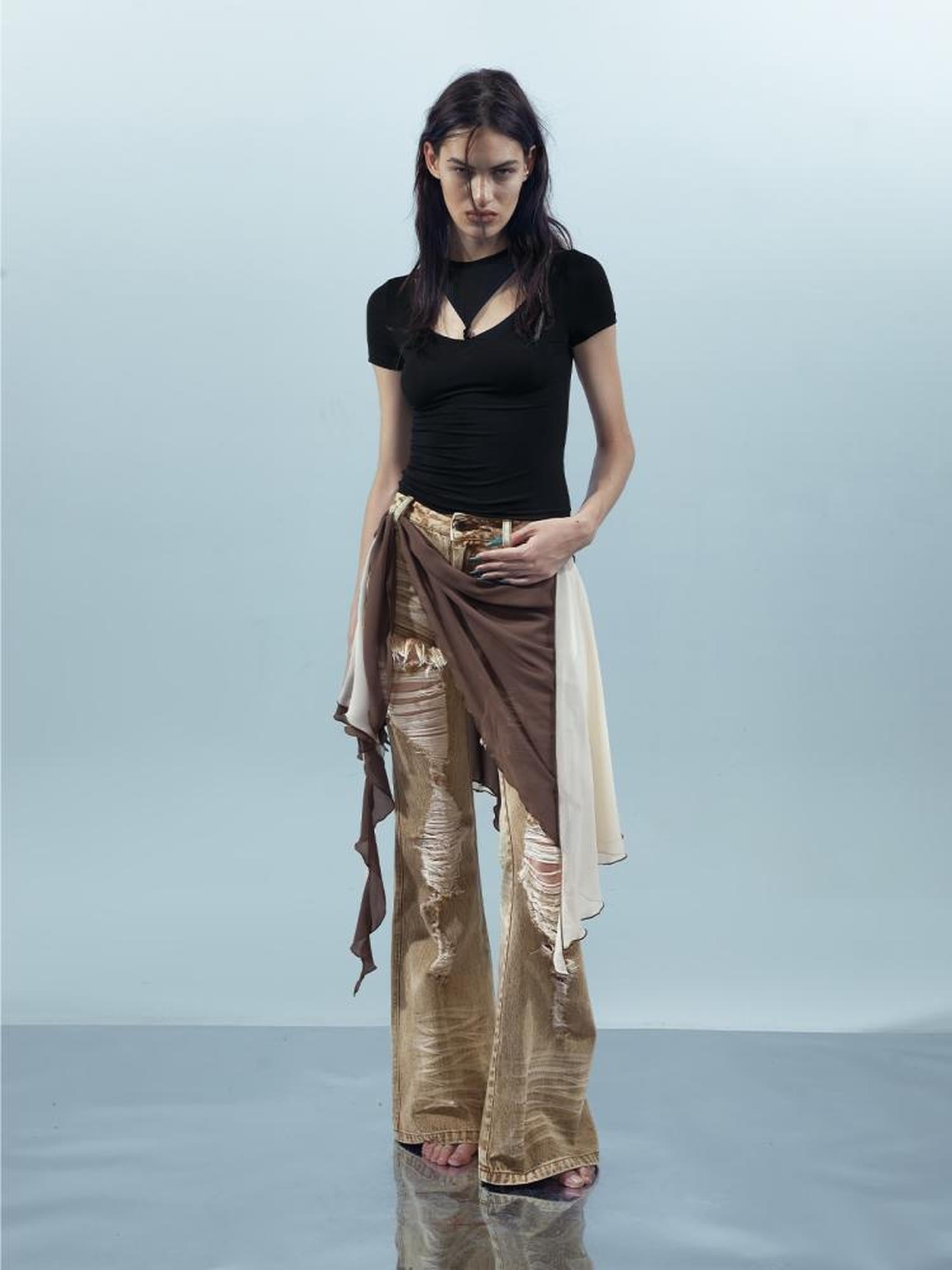 UpdateNN NORTH NODE Distressed Denim Flared Pants With Detachable Apron