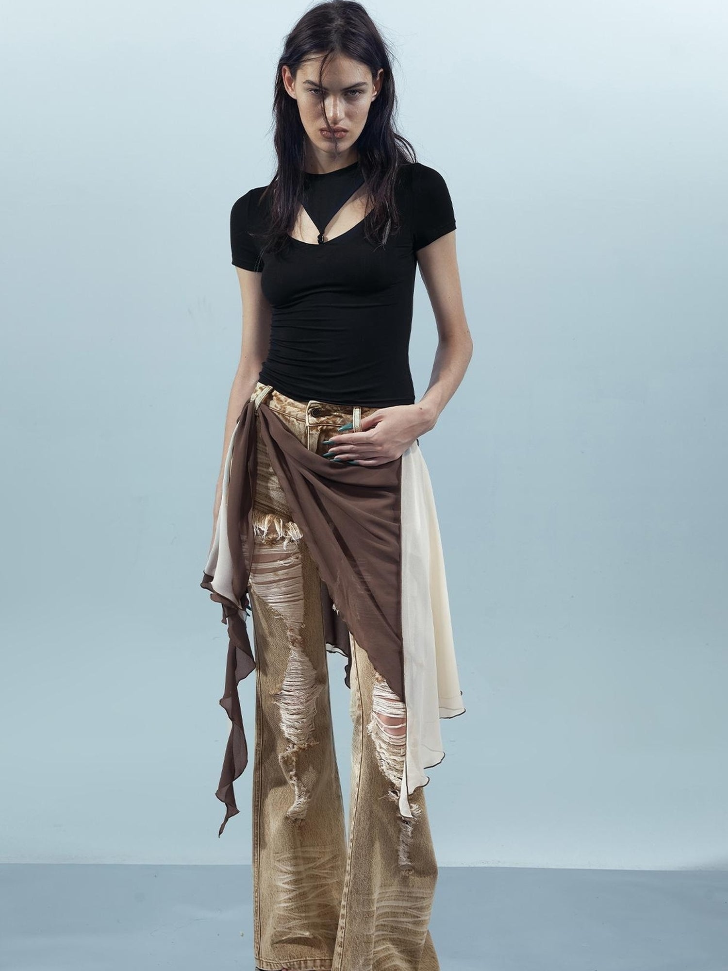 UpdateNN NORTH NODE Distressed Denim Flared Pants With Detachable Apron