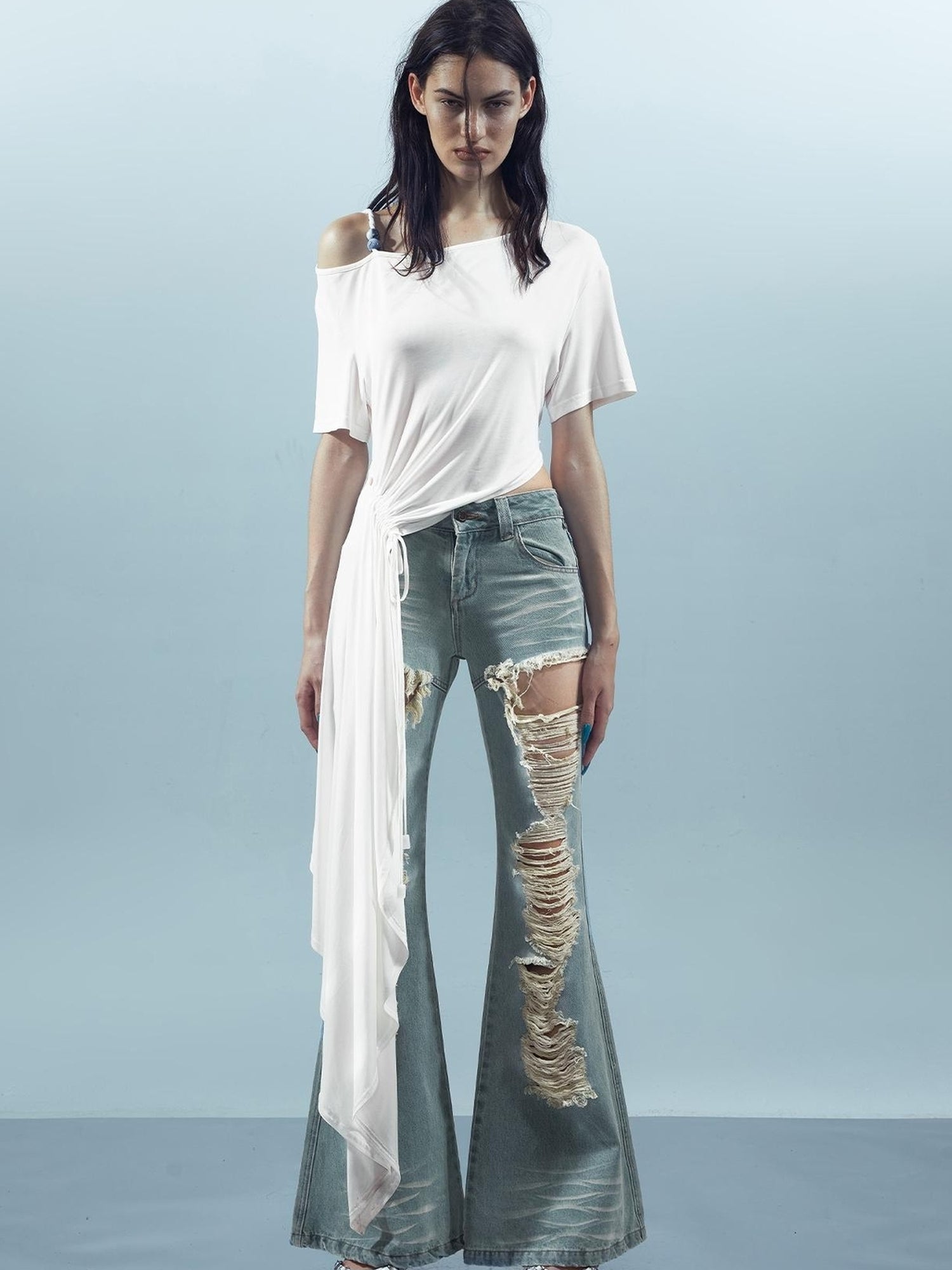 UpdateNN NORTH NODE Distressed Denim Flared Pants With Detachable Apron