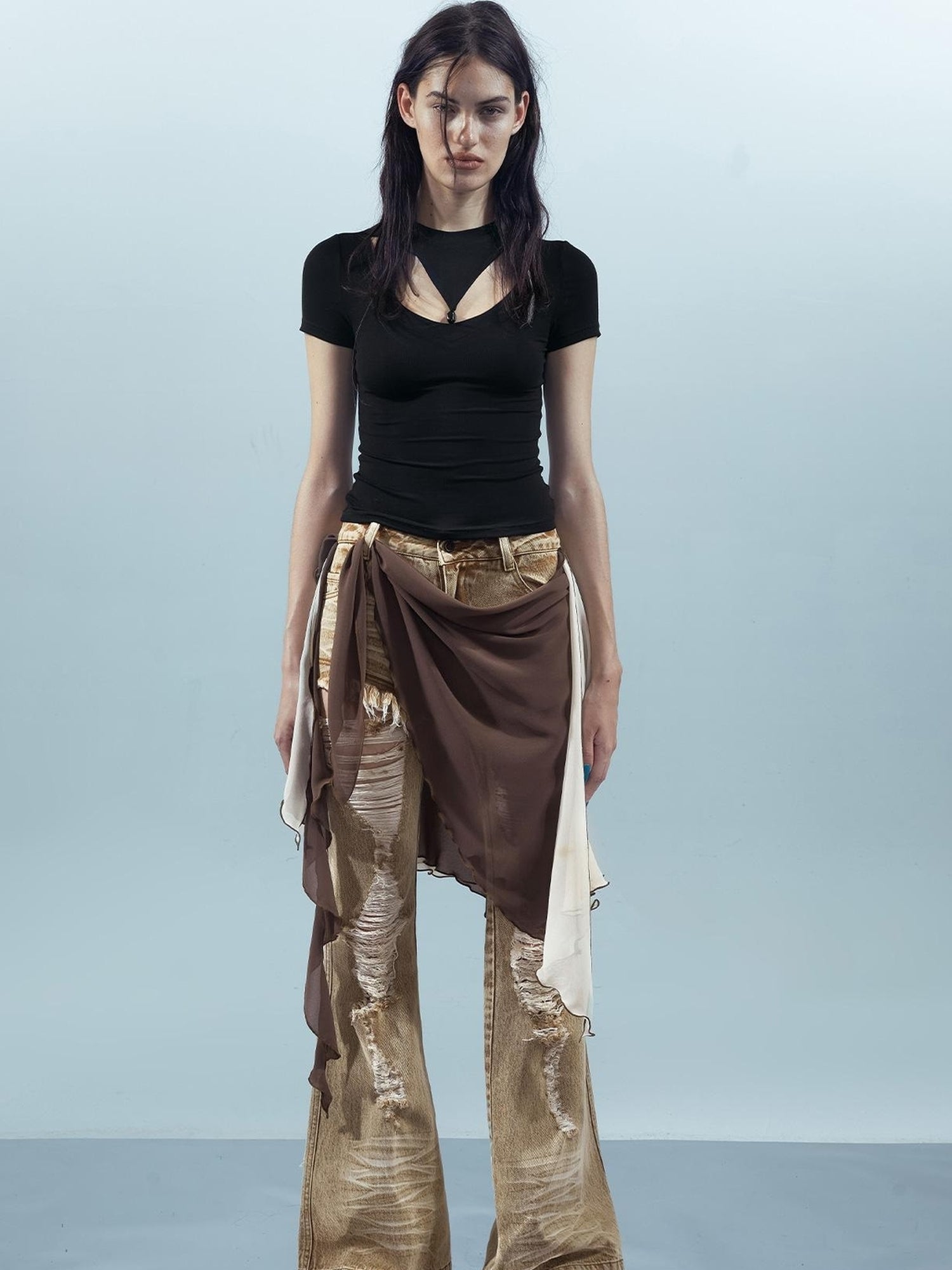 UpdateNN NORTH NODE Distressed Denim Flared Pants With Detachable Apron