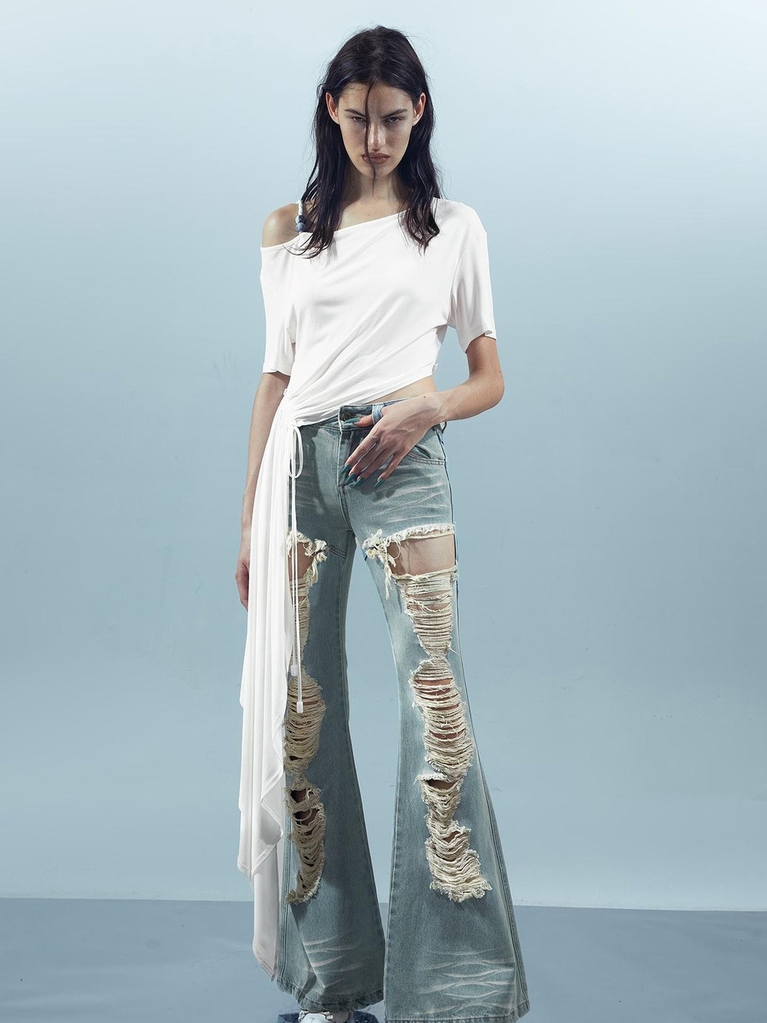 UpdateNN NORTH NODE Distressed Denim Flared Pants With Detachable Apron