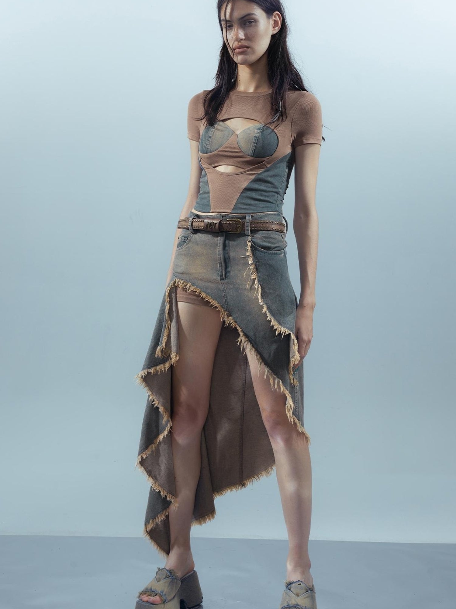 UpdateNN NORTH NODE Distressed Denim Frayed Hem Skirt With Shorts