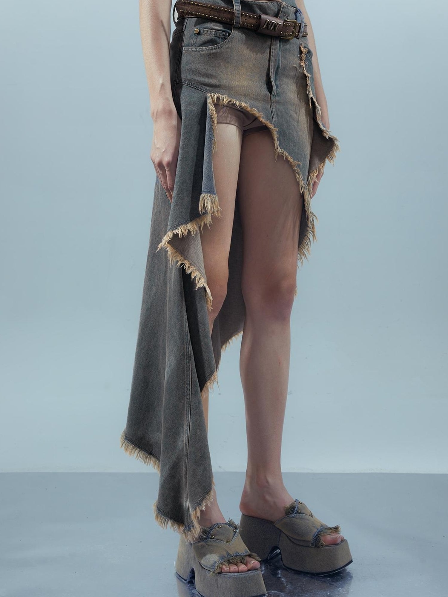 UpdateNN NORTH NODE Distressed Denim Frayed Hem Skirt With Shorts