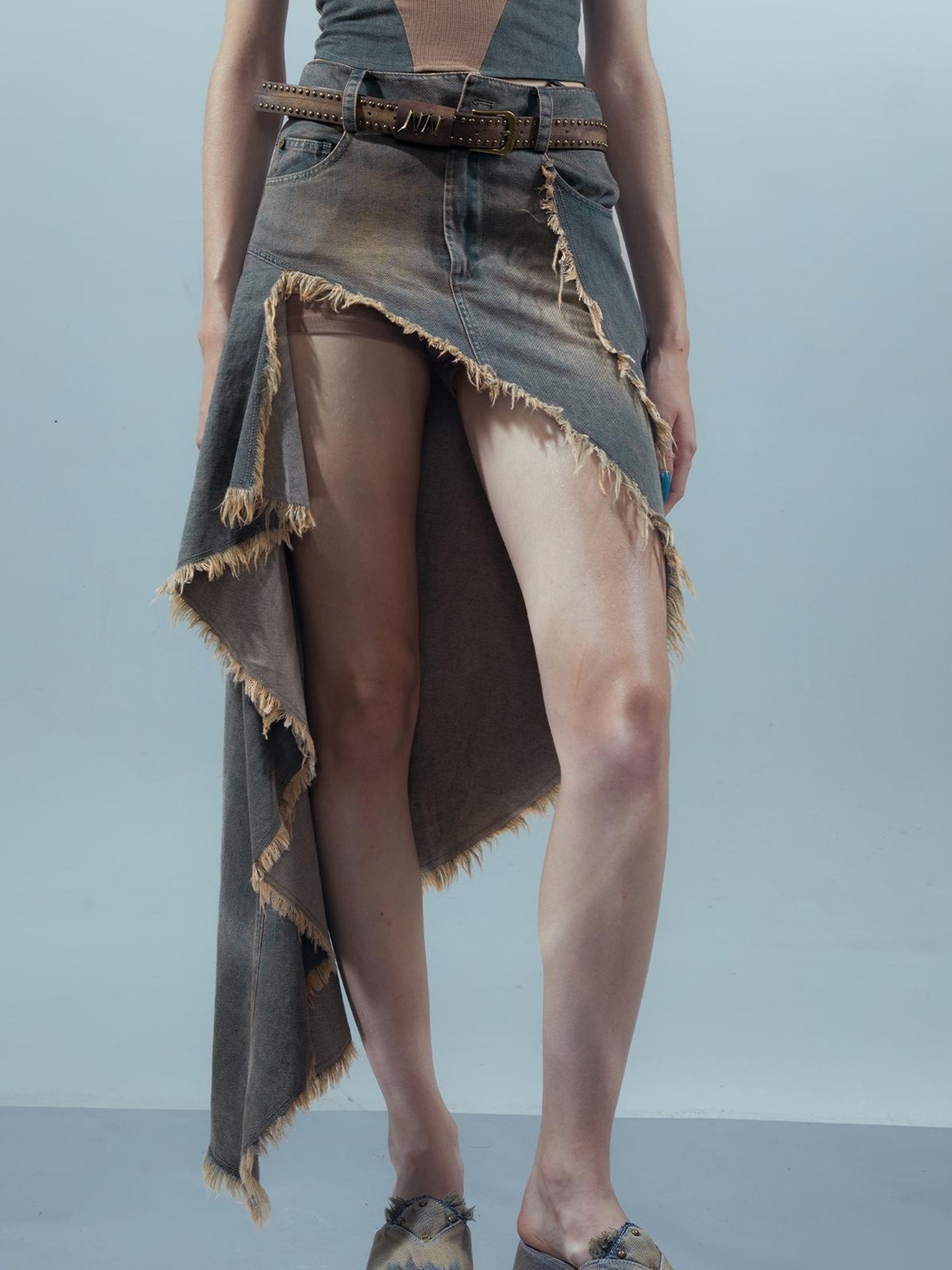 UpdateNN NORTH NODE Distressed Denim Frayed Hem Skirt With Shorts