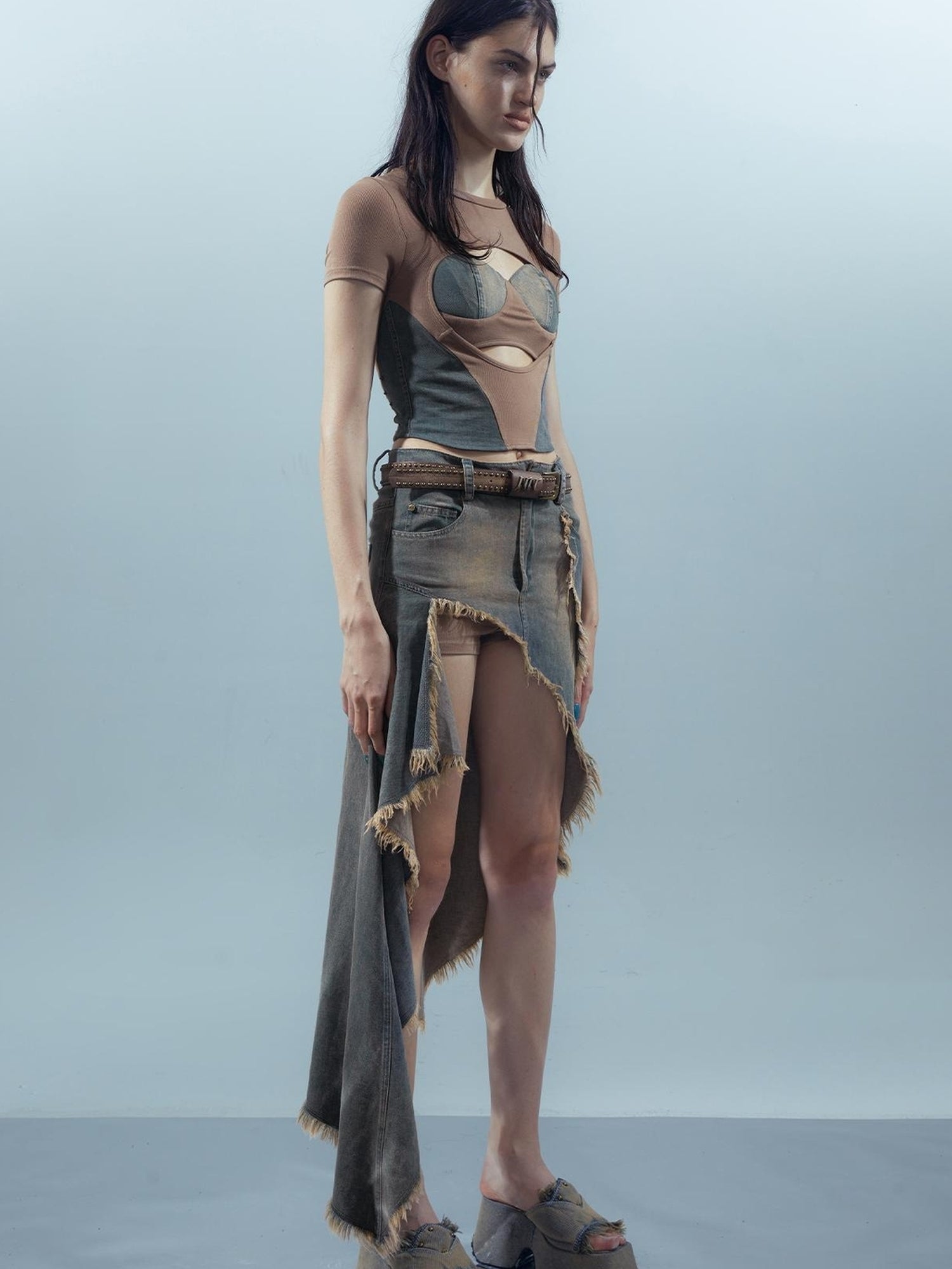 UpdateNN NORTH NODE Distressed Denim Frayed Hem Skirt With Shorts