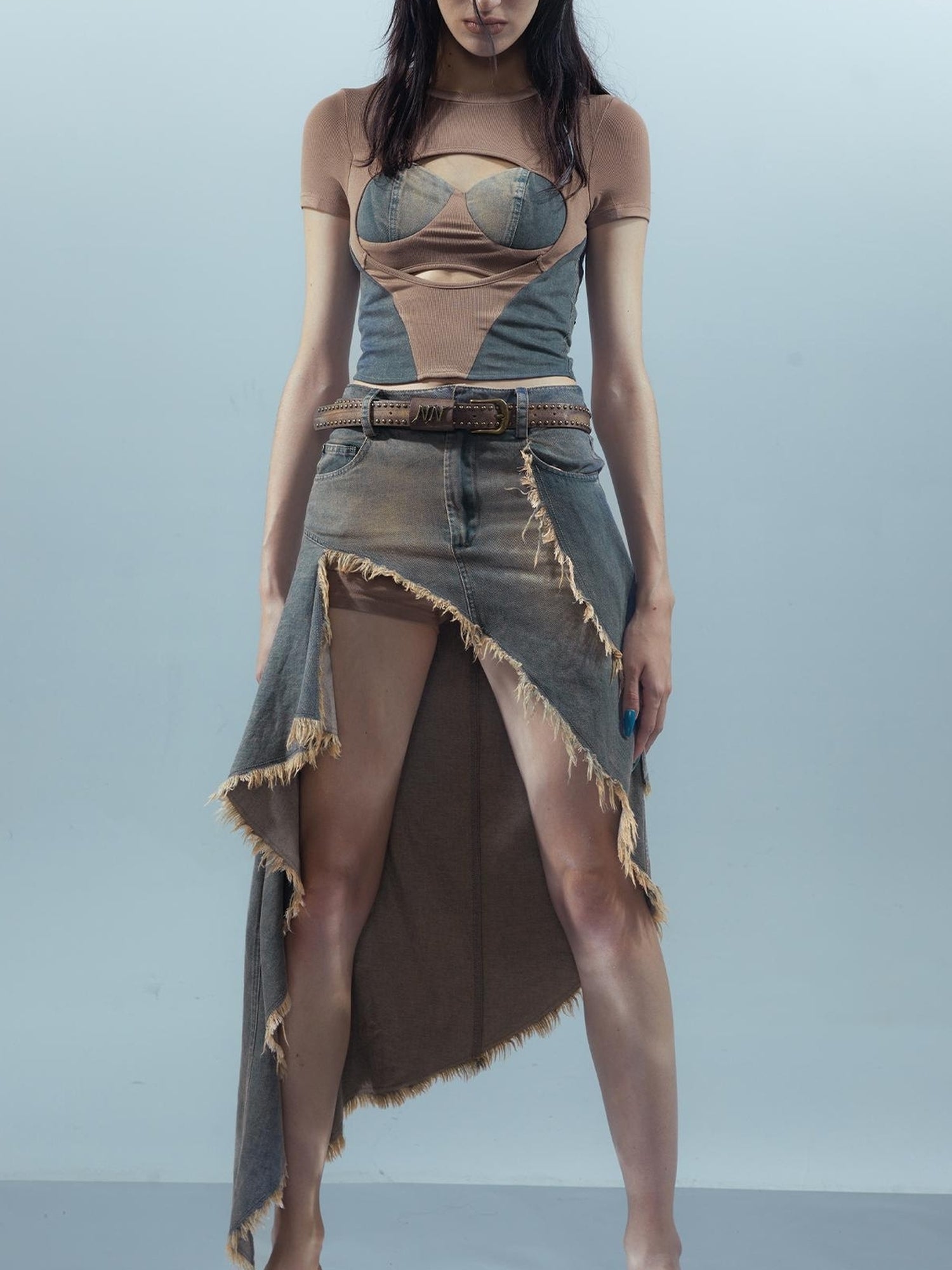 UpdateNN NORTH NODE Distressed Denim Frayed Hem Skirt With Shorts