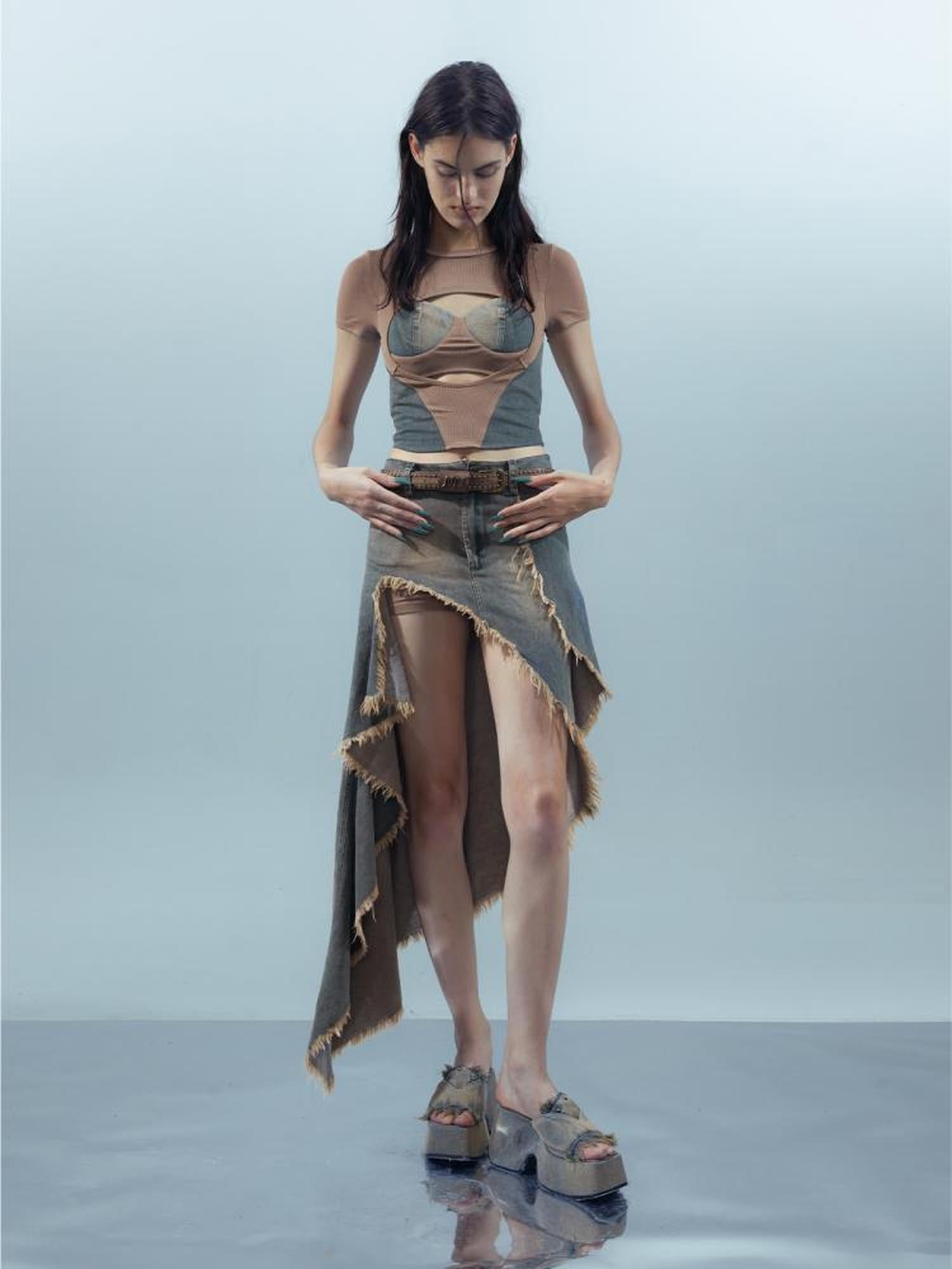 UpdateNN NORTH NODE Distressed Denim Frayed Hem Skirt With Shorts