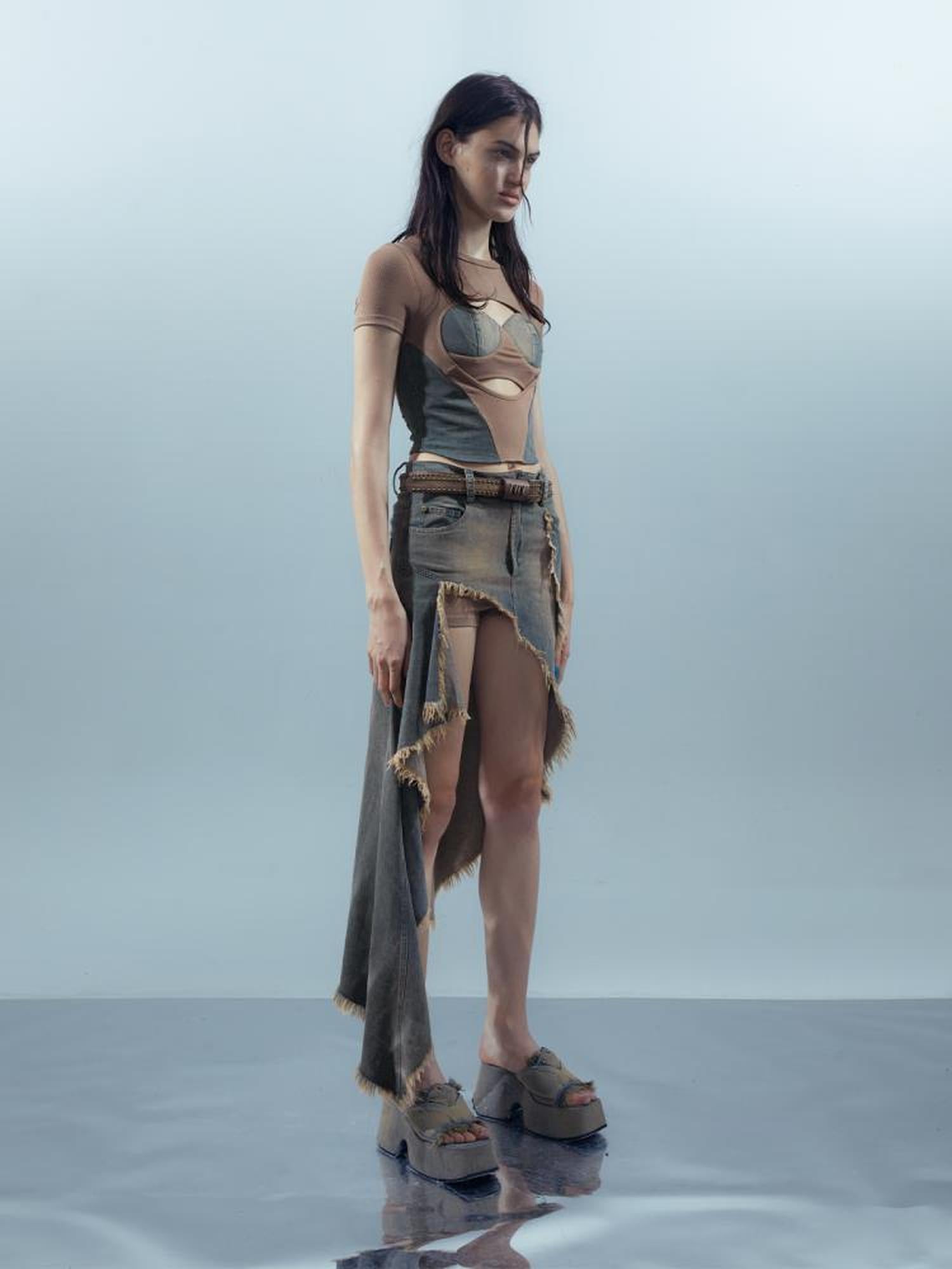 UpdateNN NORTH NODE Distressed Denim Frayed Hem Skirt With Shorts