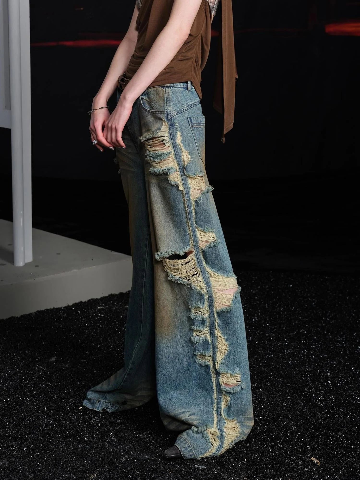 Distressed Denim Wide Leg Jeans With Artistic Torn Details