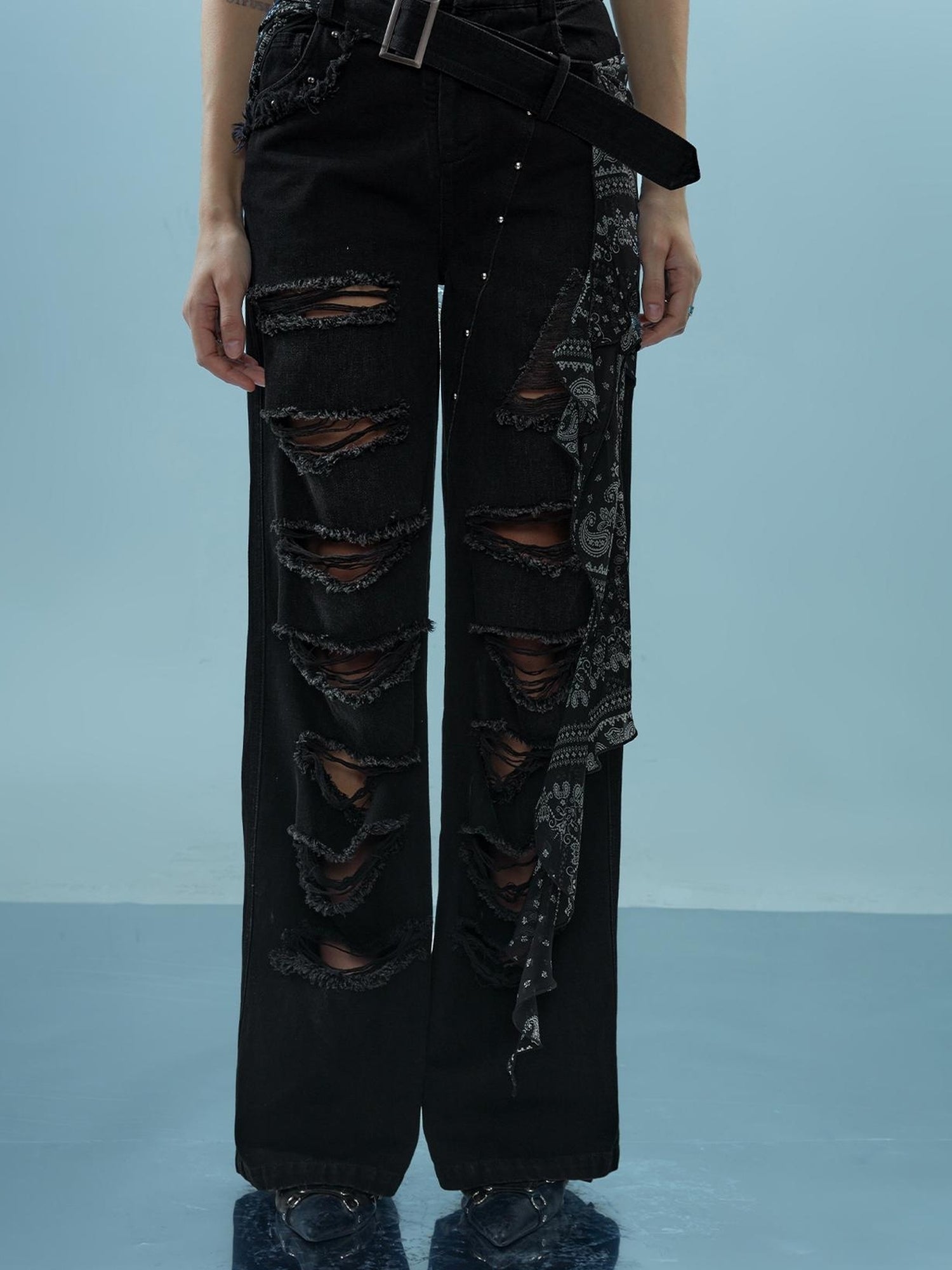 NN NORTH NODE Distressed Denim With Detachable Sheer Panel