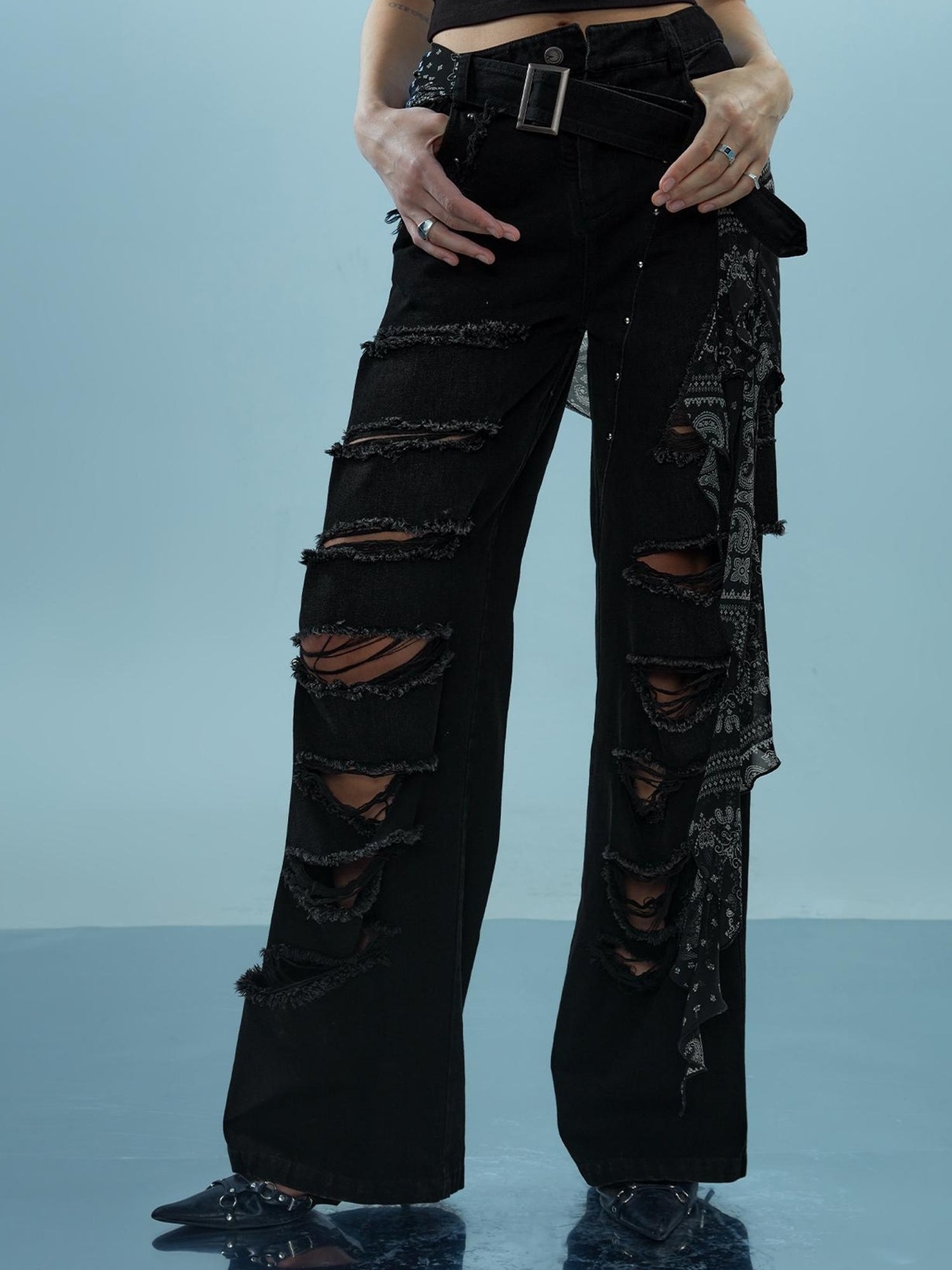 NN NORTH NODE Distressed Denim With Detachable Sheer Panel