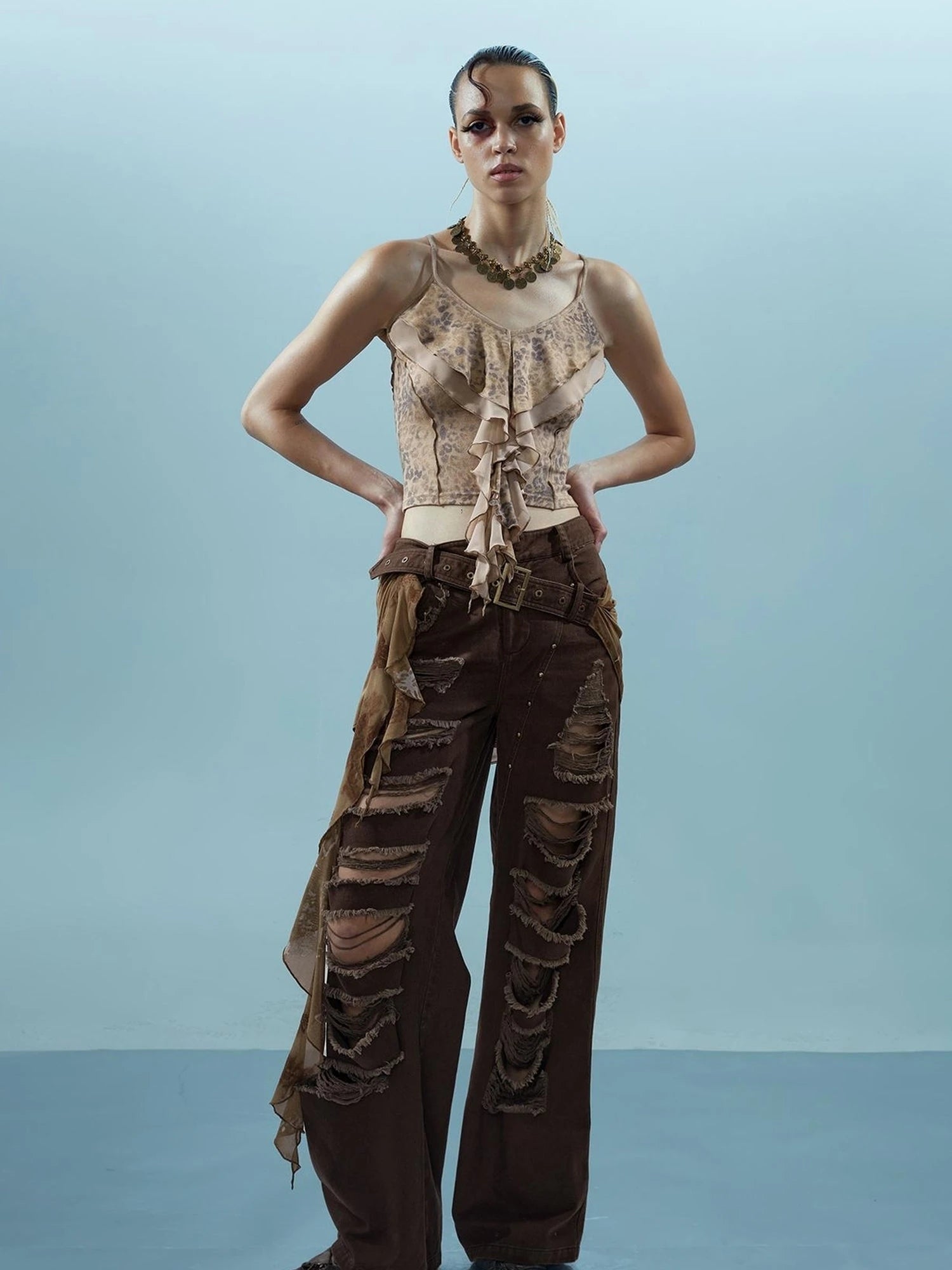 Distressed Denim With Detachable Sheer Panel