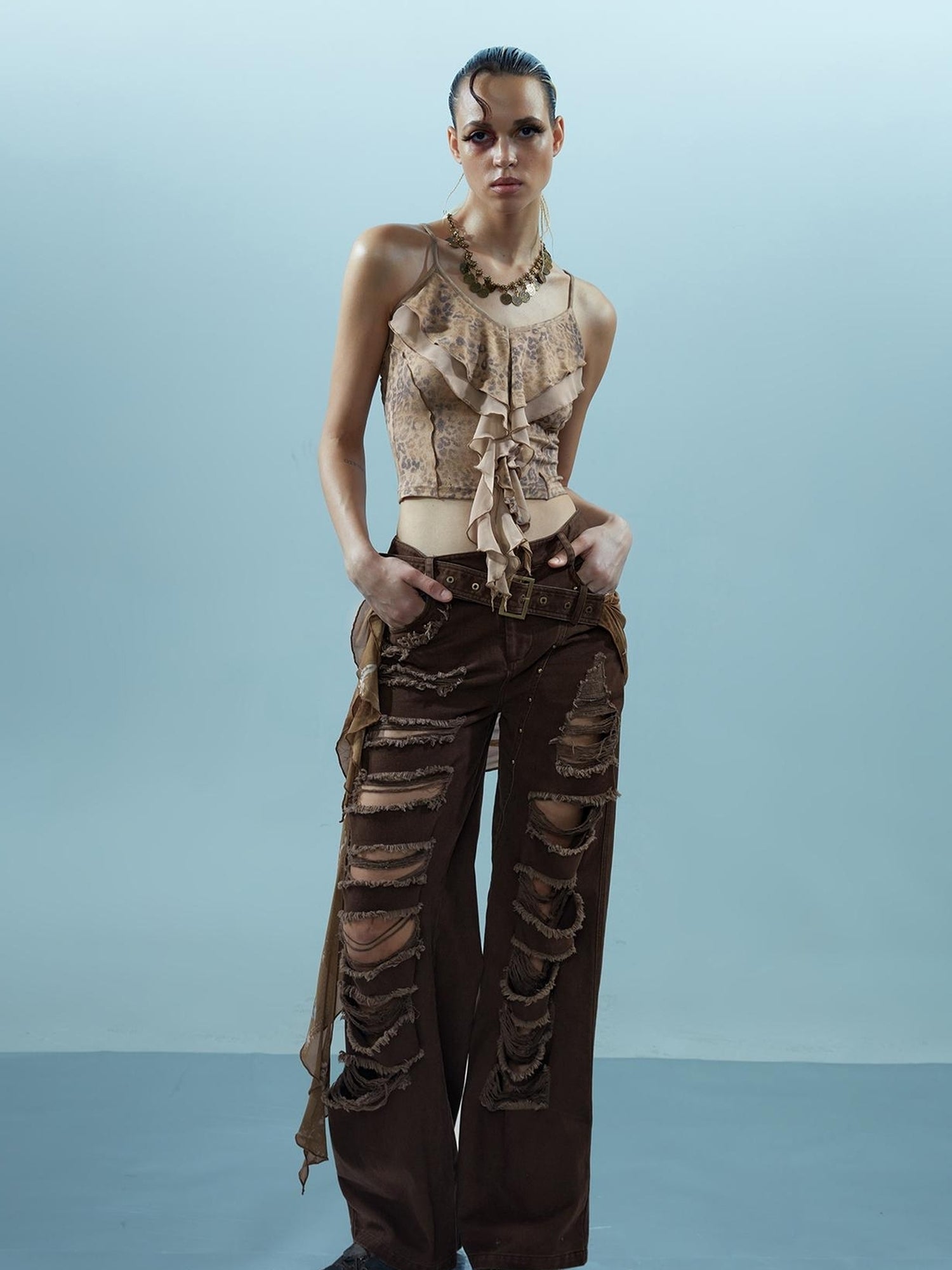 NN NORTH NODE Distressed Denim With Detachable Sheer Panel