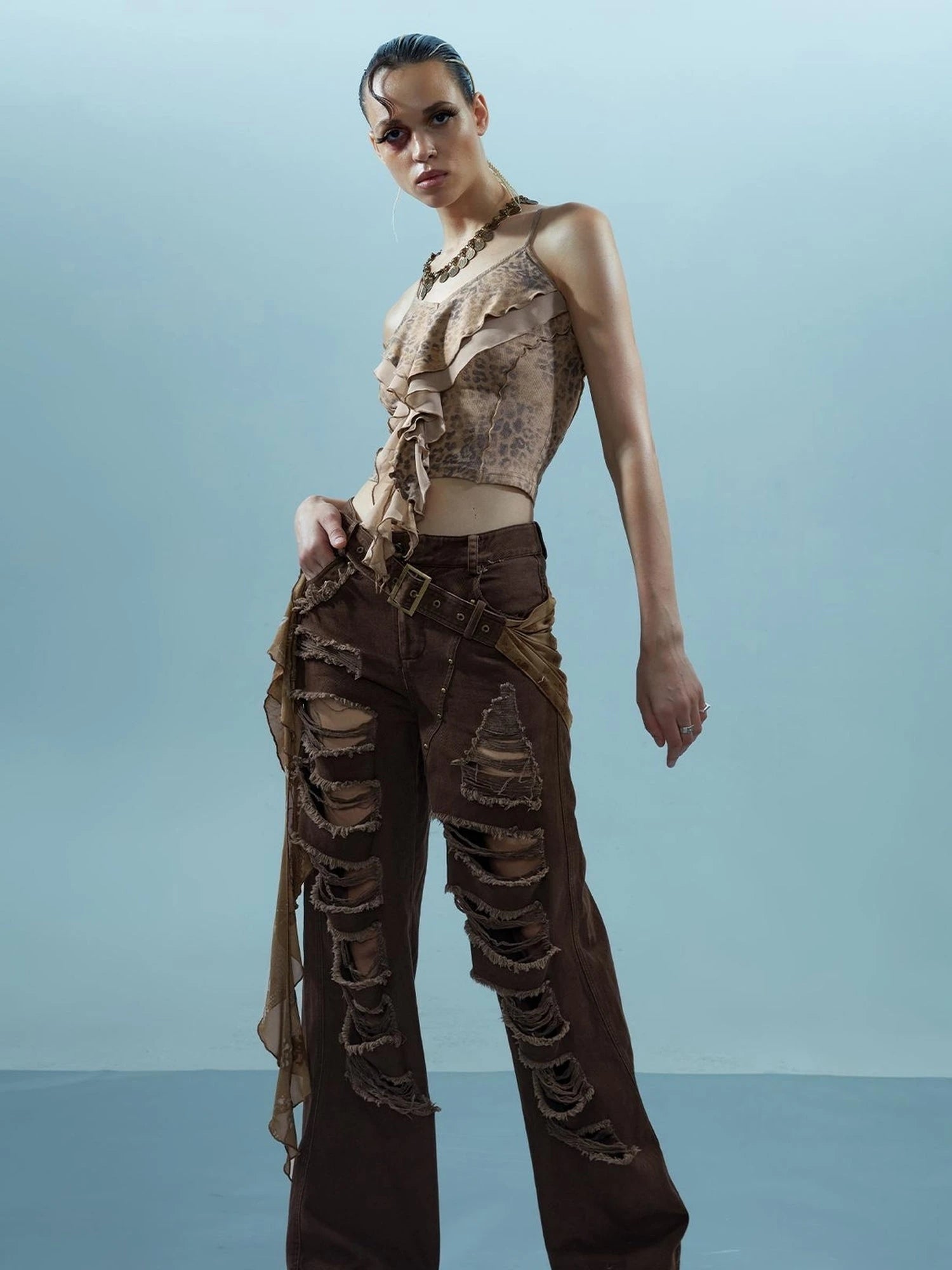 Distressed Denim With Detachable Sheer Panel