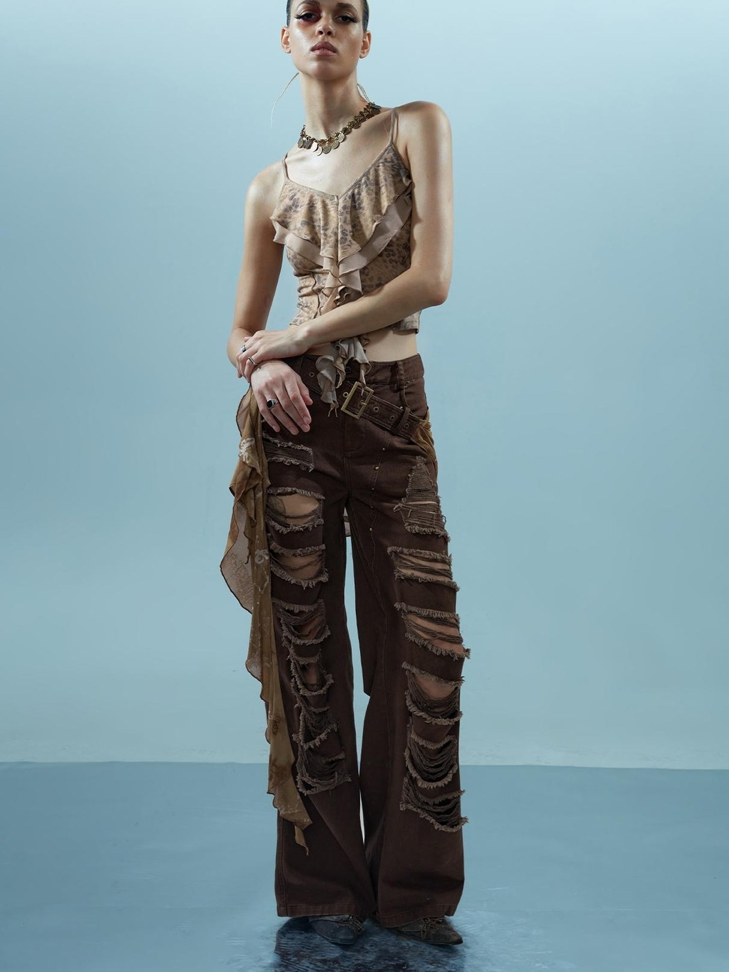 NN NORTH NODE Distressed Denim With Detachable Sheer Panel