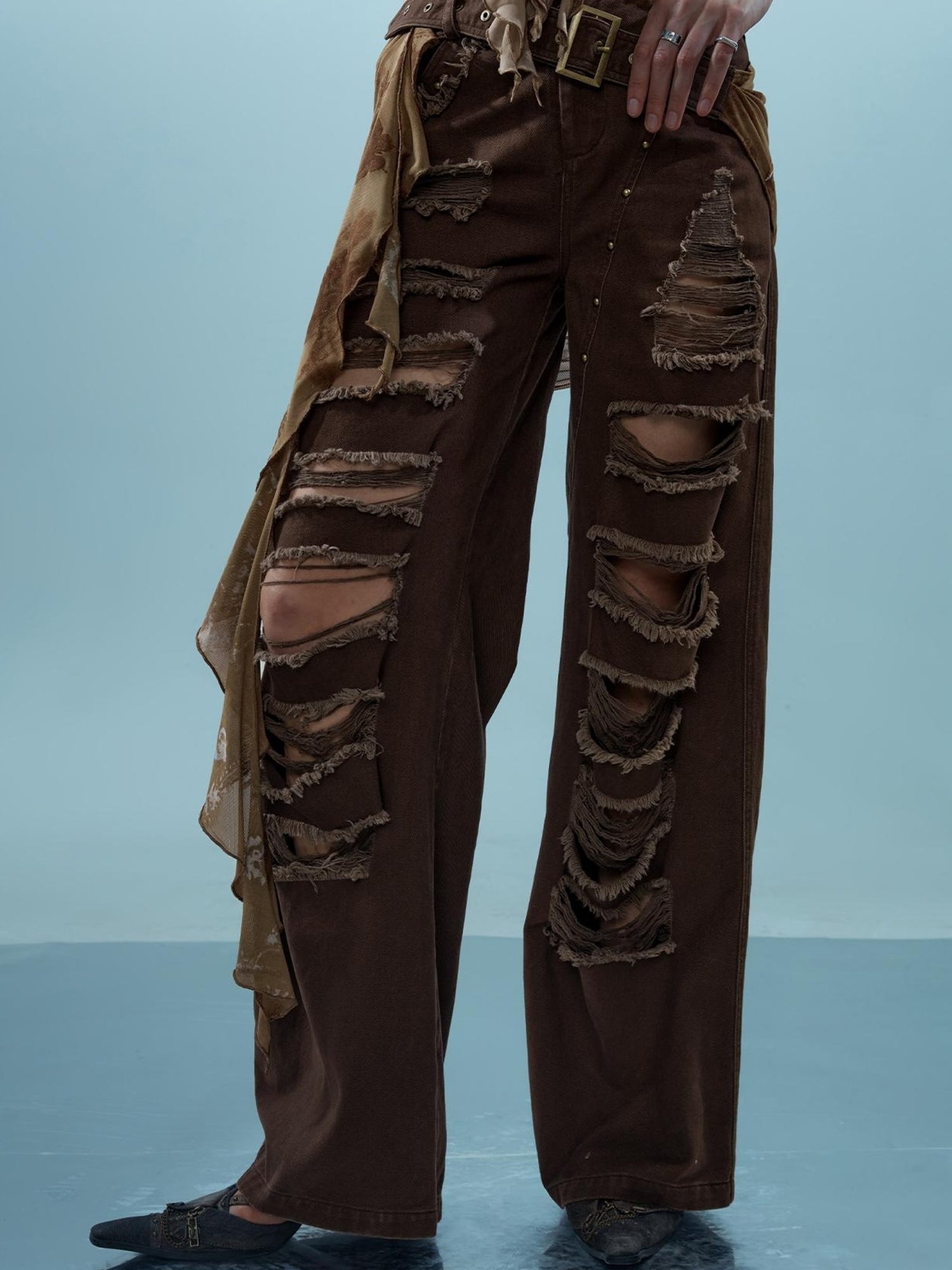 NN NORTH NODE Distressed Denim With Detachable Sheer Panel