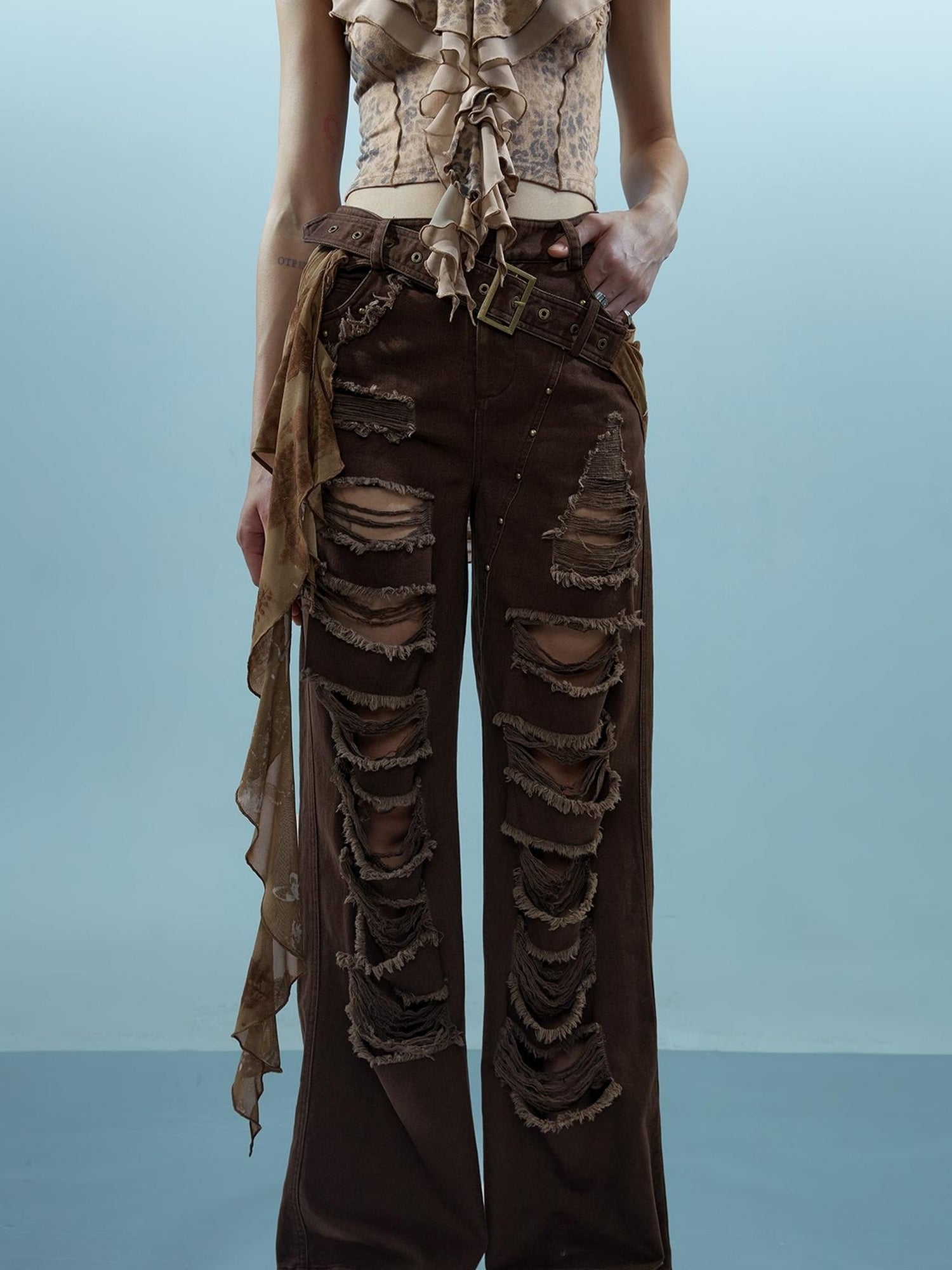 NN NORTH NODE Distressed Denim With Detachable Sheer Panel