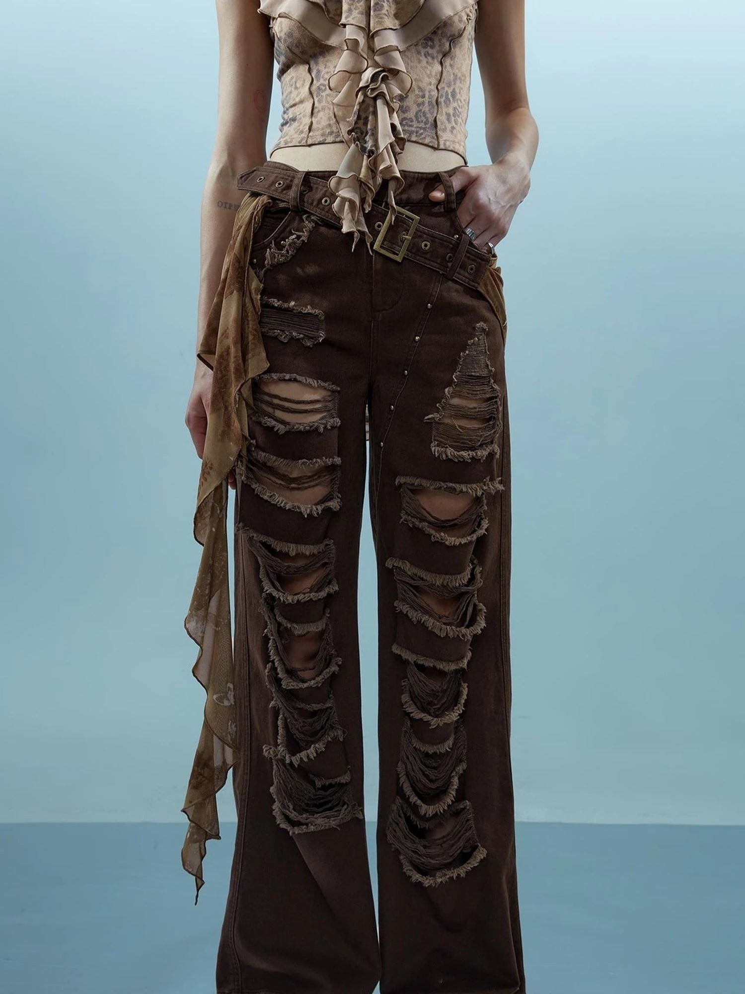 Distressed Denim With Detachable Sheer Panel