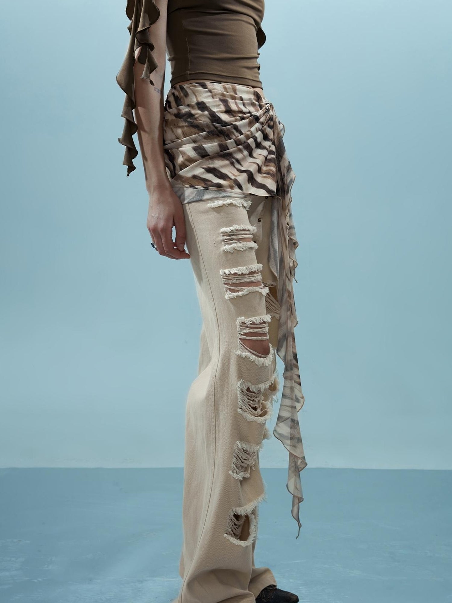 NN NORTH NODE Distressed Denim With Detachable Sheer Panel