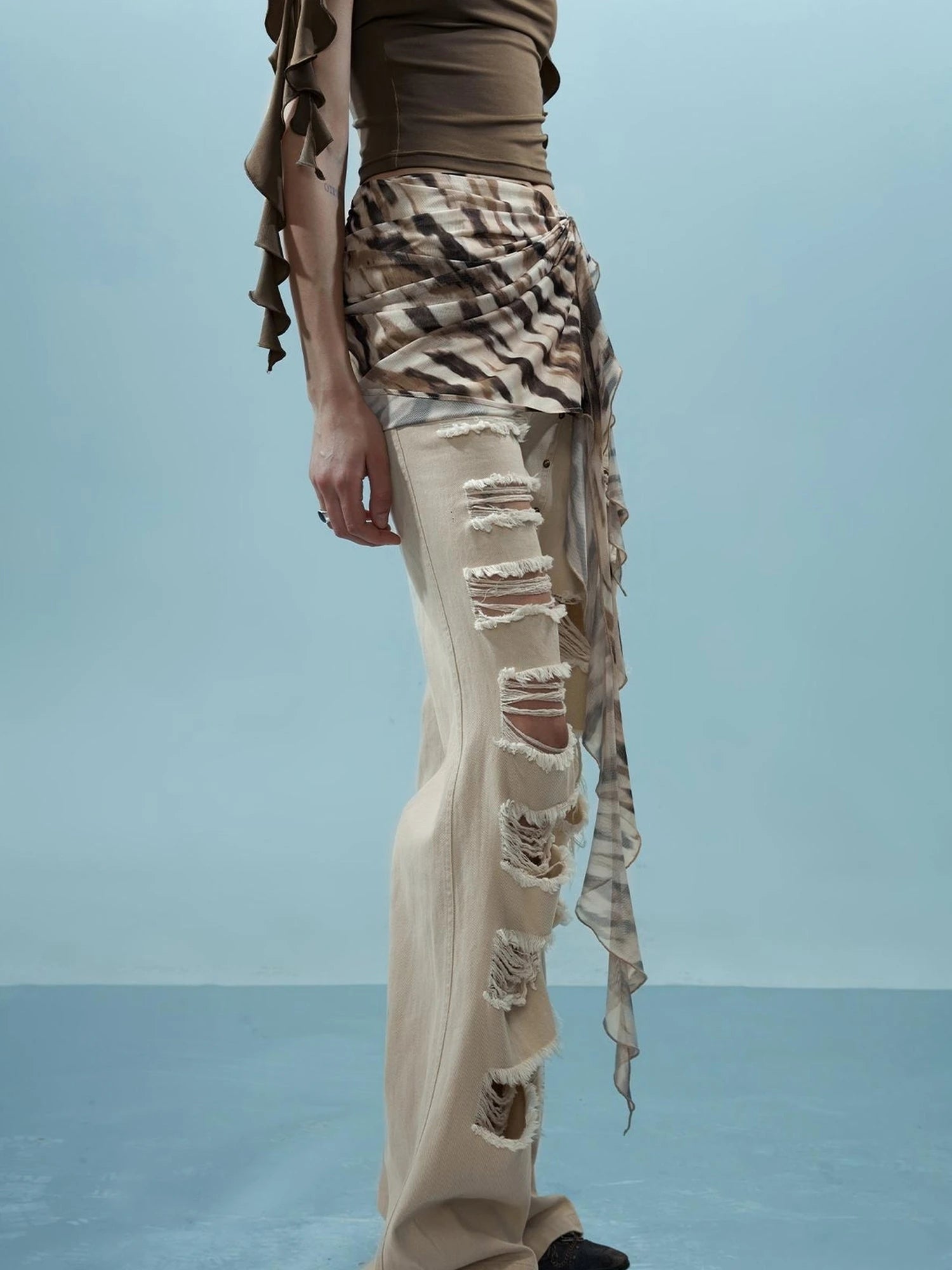 Distressed Denim With Detachable Sheer Panel