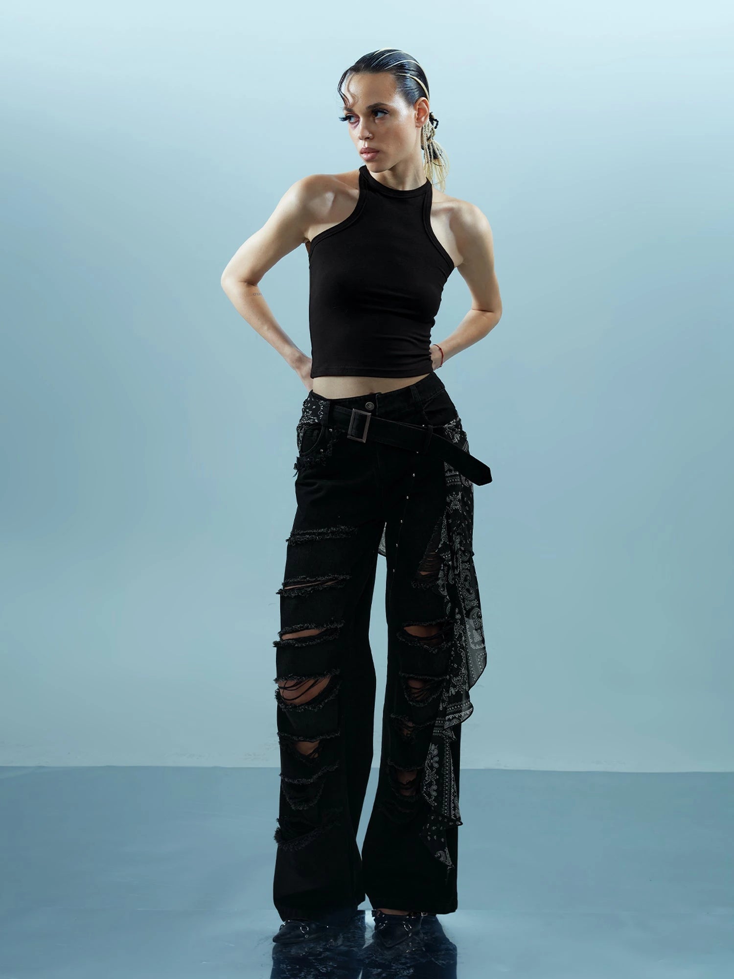 Distressed Denim With Detachable Sheer Panel