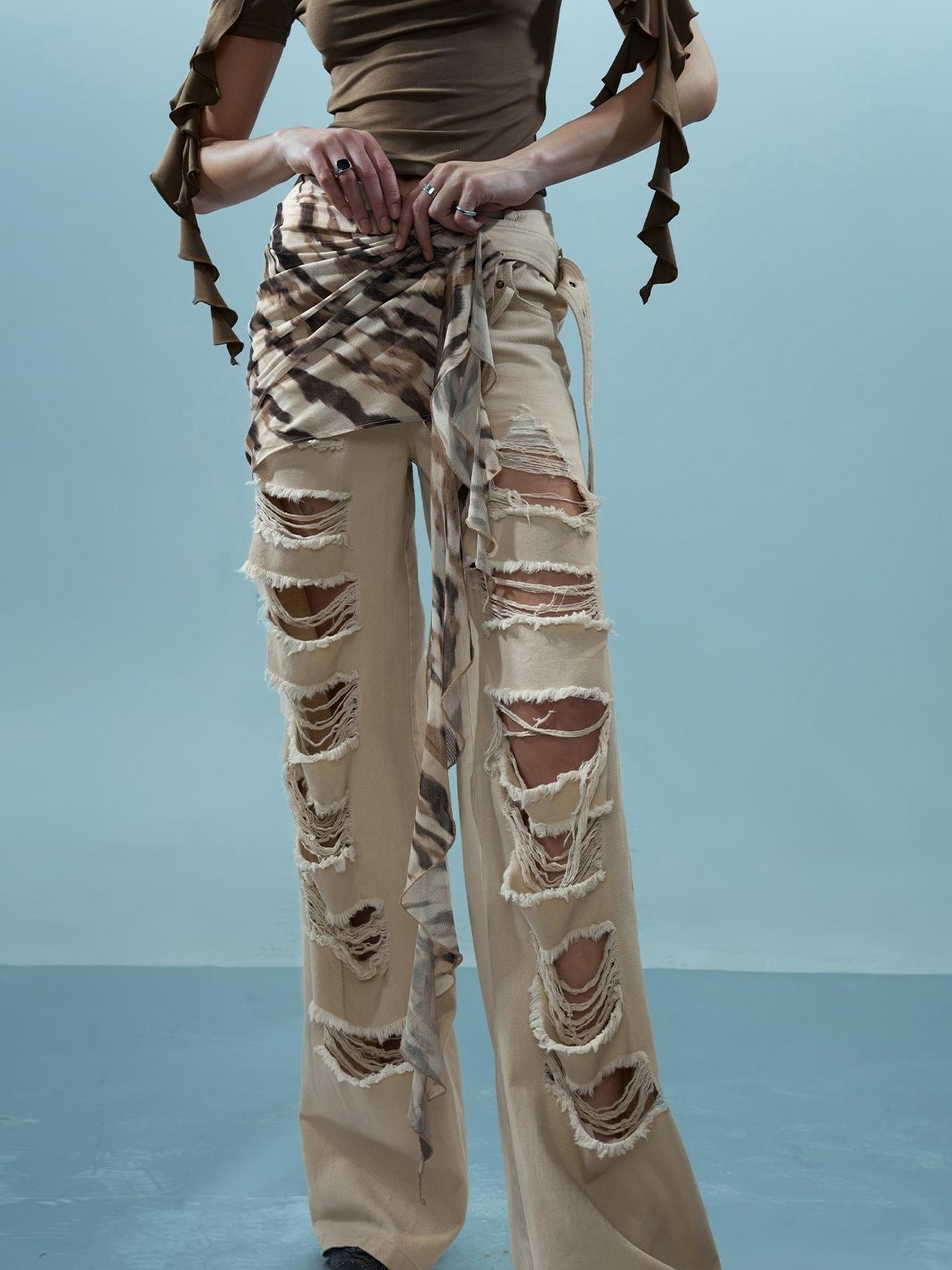 NN NORTH NODE Distressed Denim With Detachable Sheer Panel