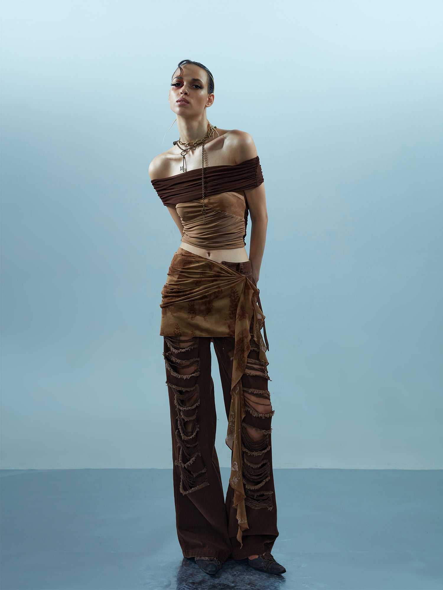 NN NORTH NODE Distressed Denim With Detachable Sheer Panel