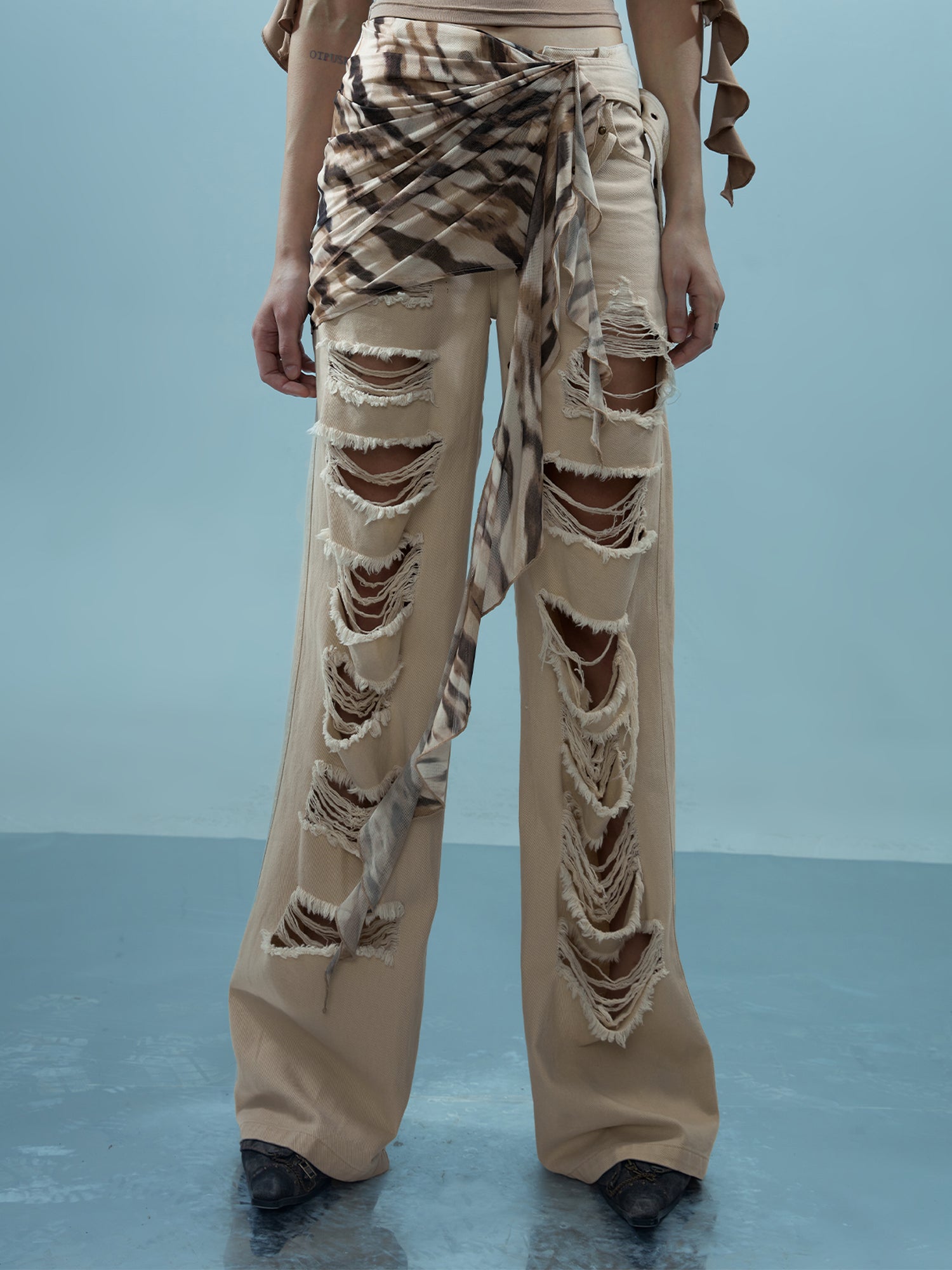 NN NORTH NODE Distressed Denim With Detachable Sheer Panel
