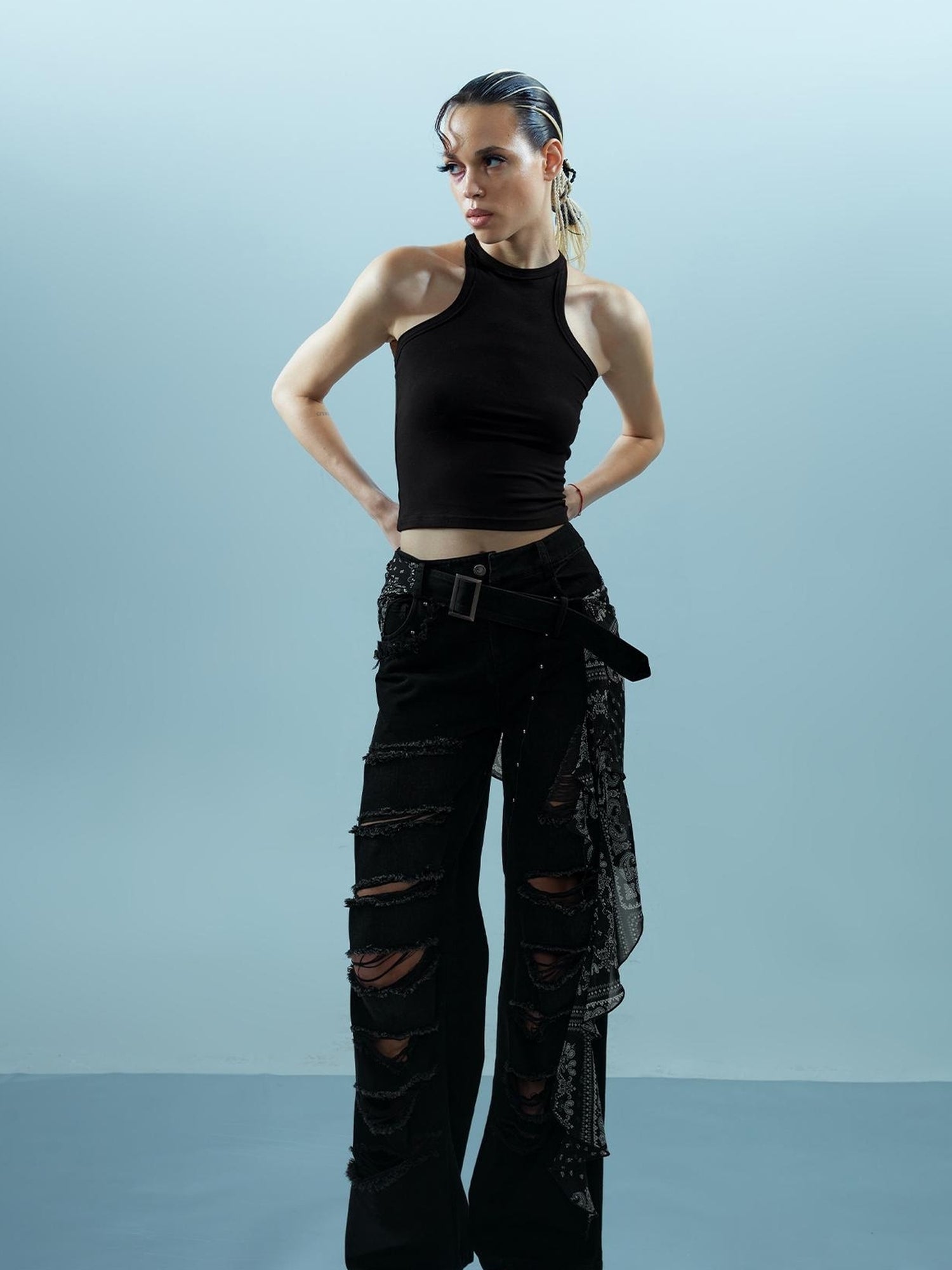 NN NORTH NODE Distressed Denim With Detachable Sheer Panel