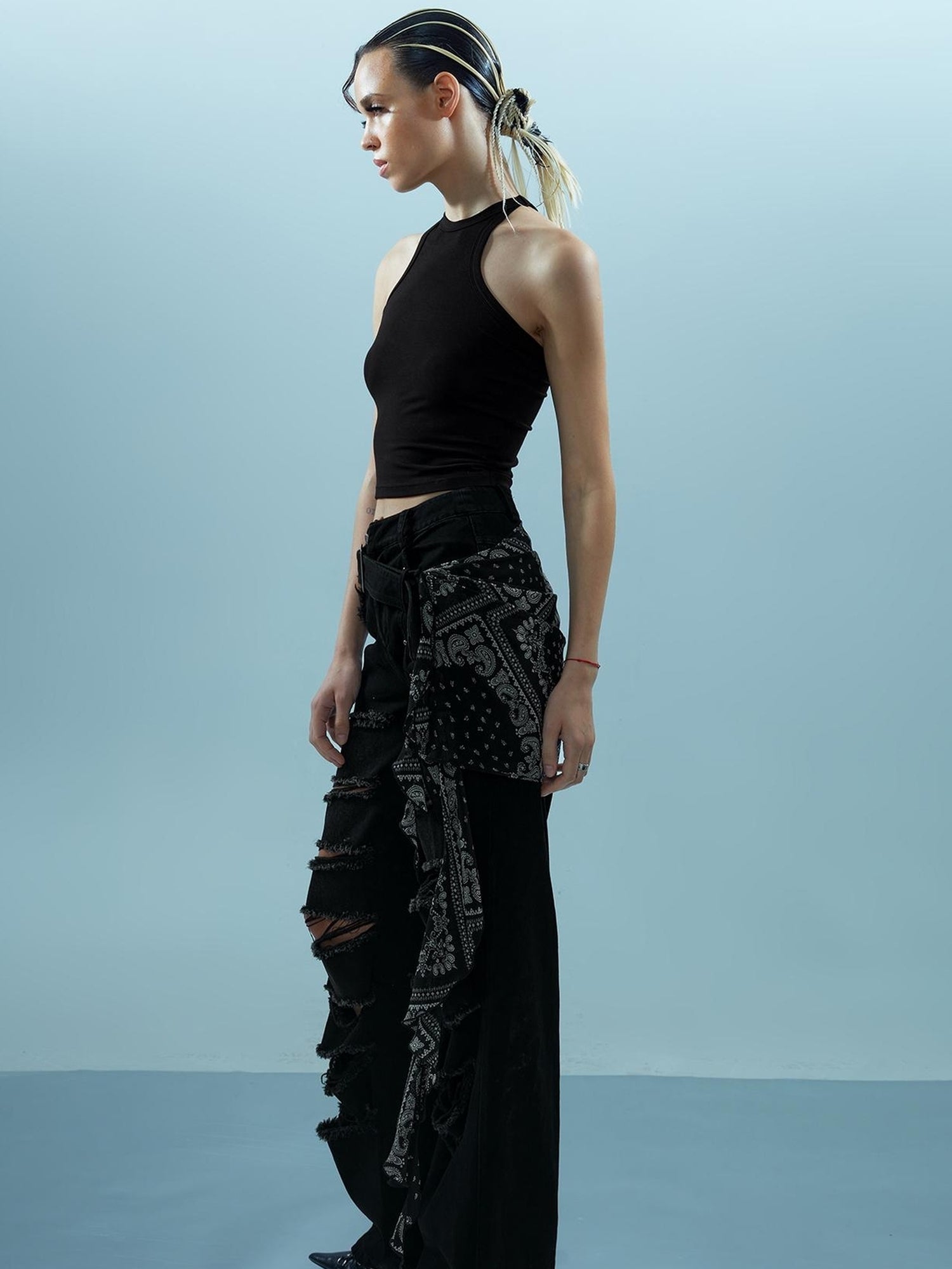 NN NORTH NODE Distressed Denim With Detachable Sheer Panel