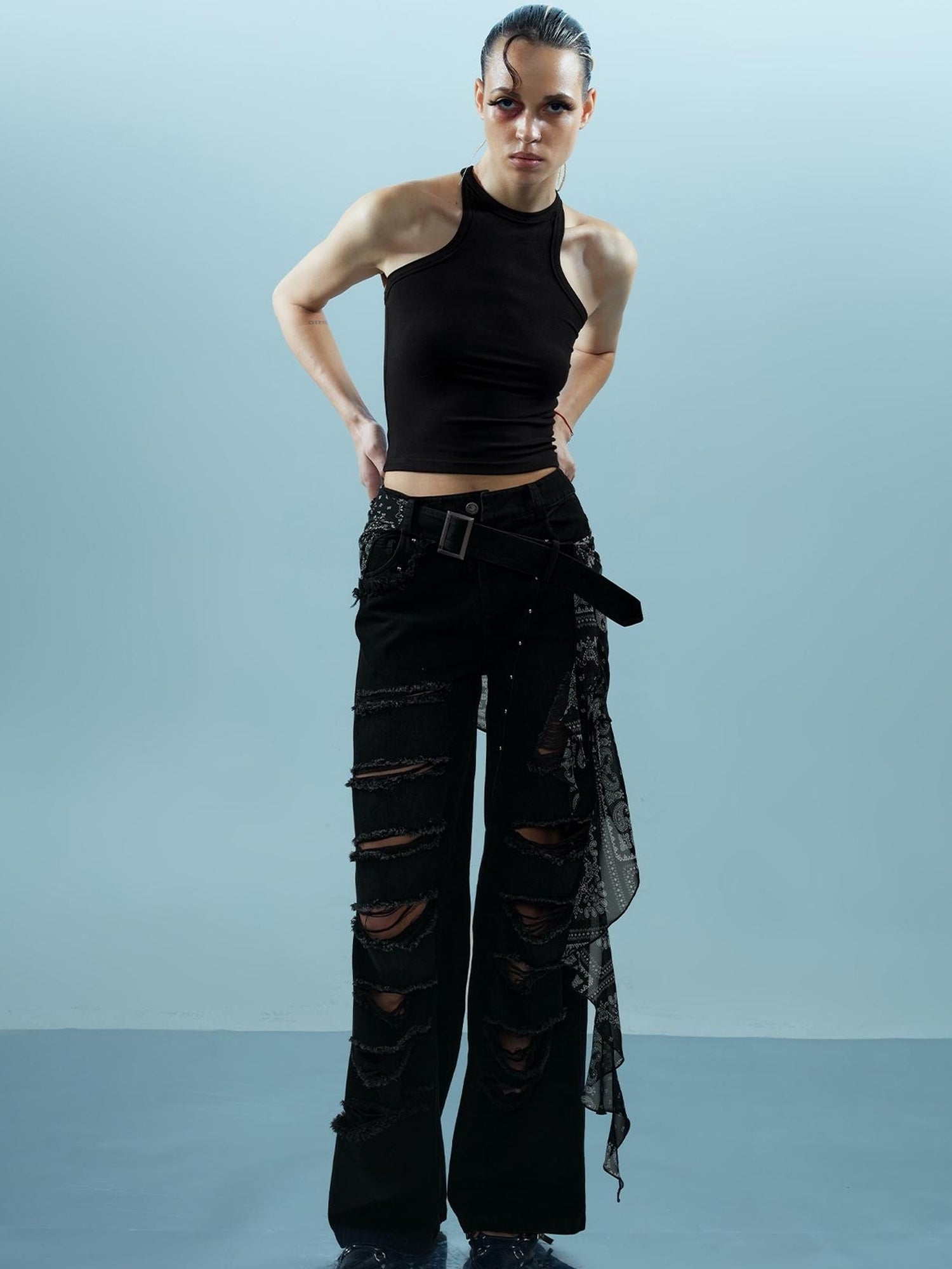 NN NORTH NODE Distressed Denim With Detachable Sheer Panel