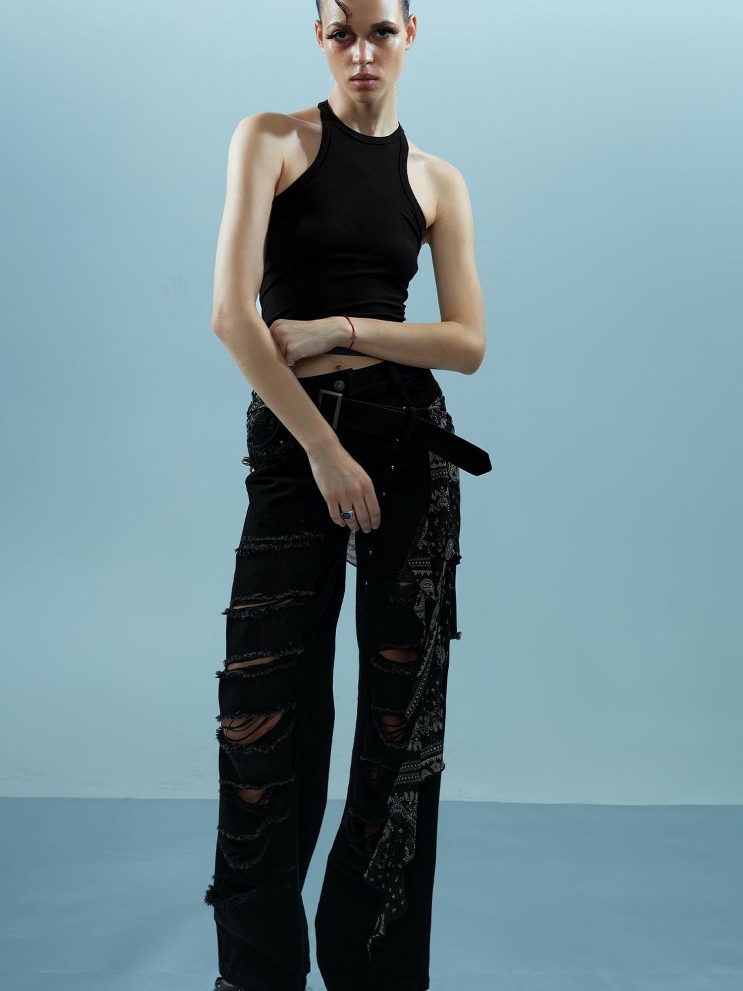 NN NORTH NODE Distressed Denim With Detachable Sheer Panel
