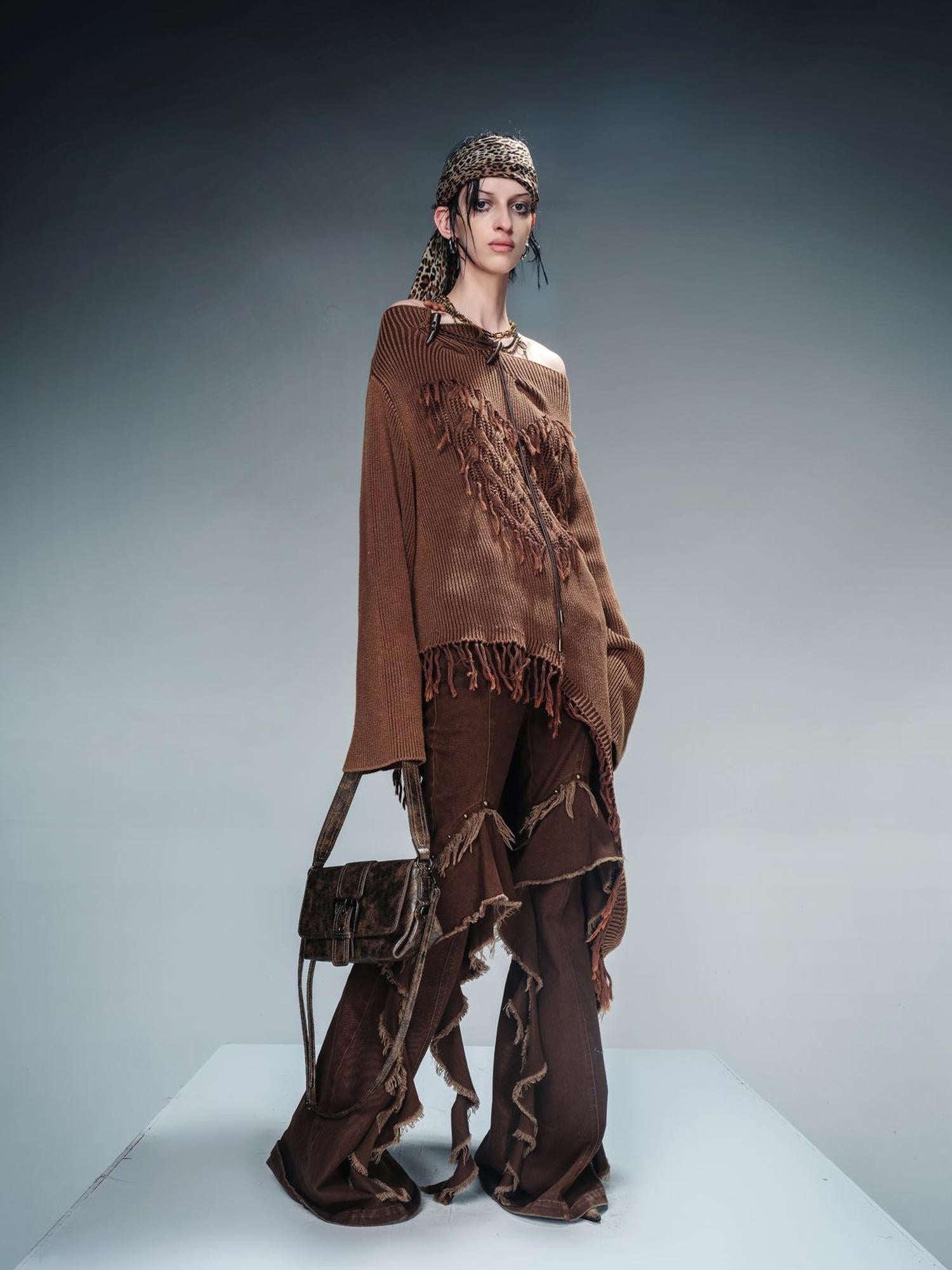 NN NORTH NODE Distressed Fringe Sweater With Asymmetric Hem