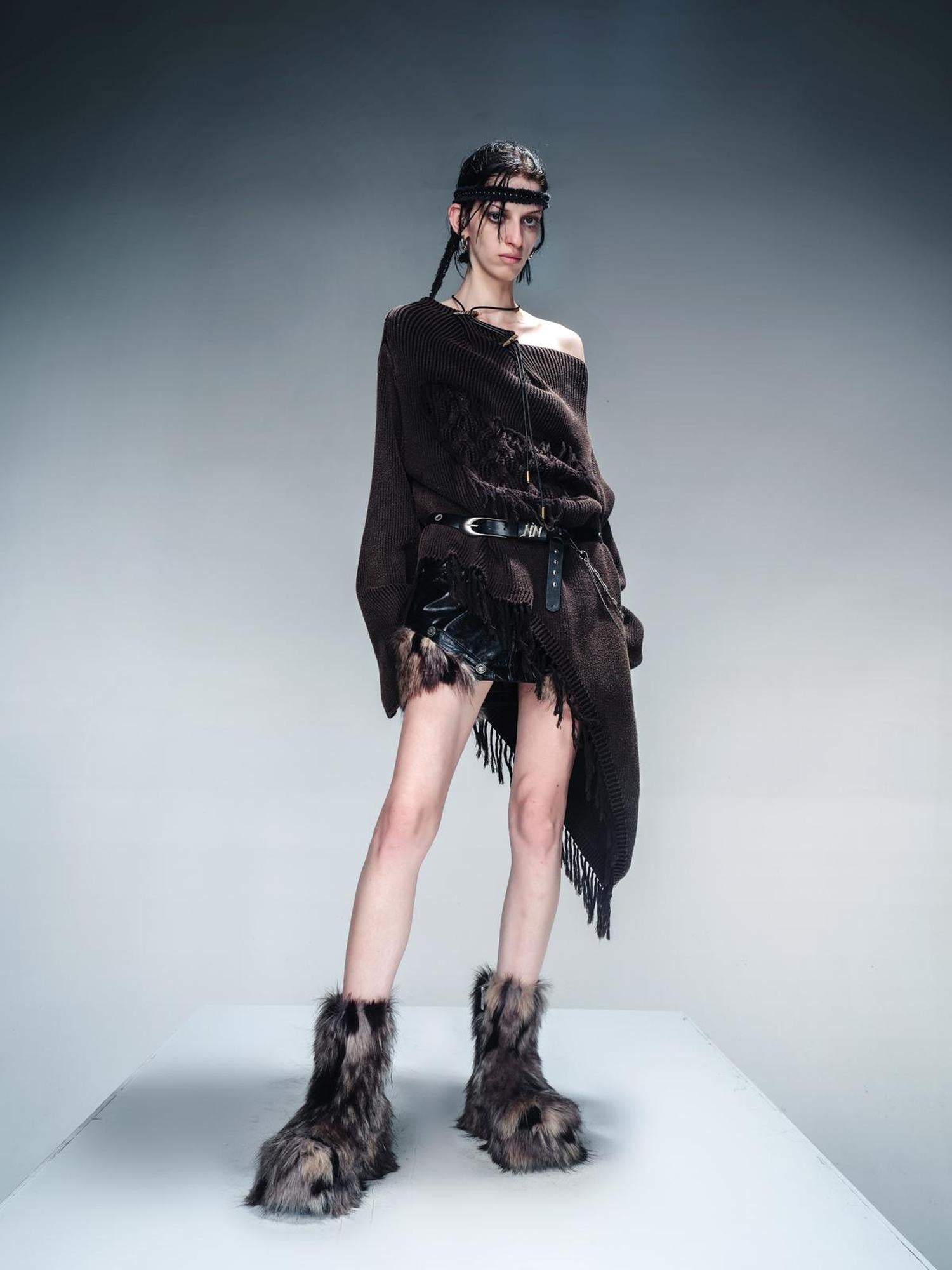 NN NORTH NODE Distressed Fringe Sweater With Asymmetric Hem