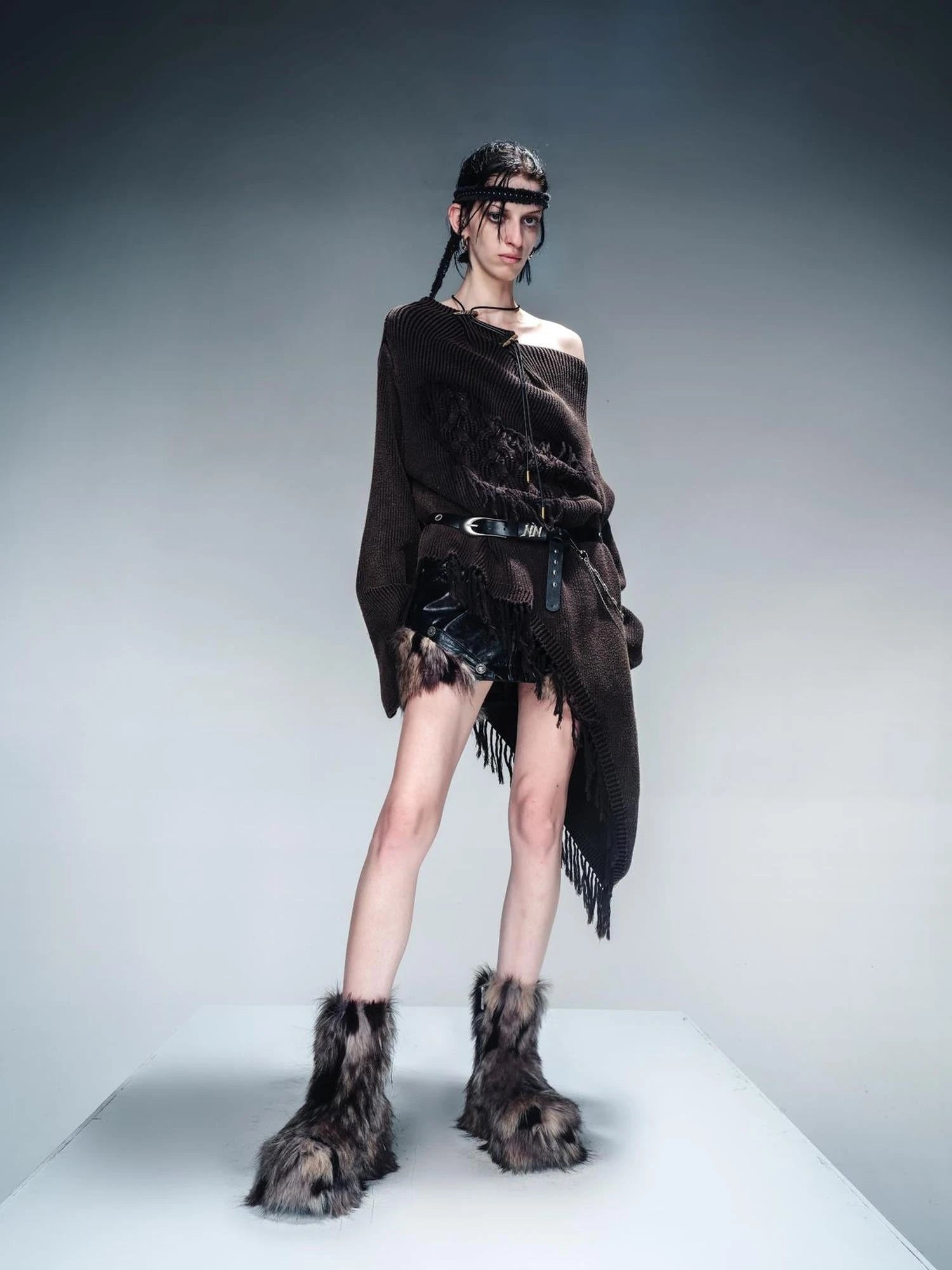 Distressed Fringe Sweater With Asymmetric Hem