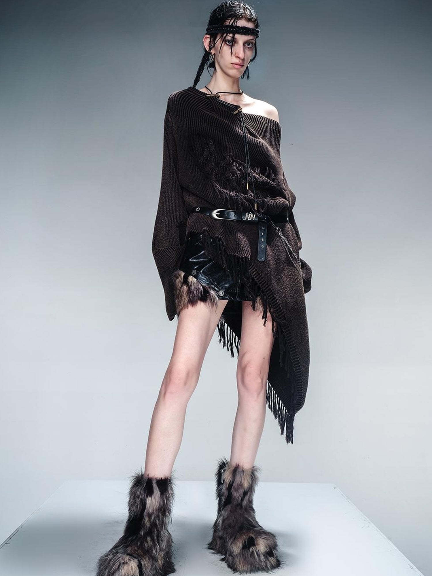 NN NORTH NODE Distressed Fringe Sweater With Asymmetric Hem