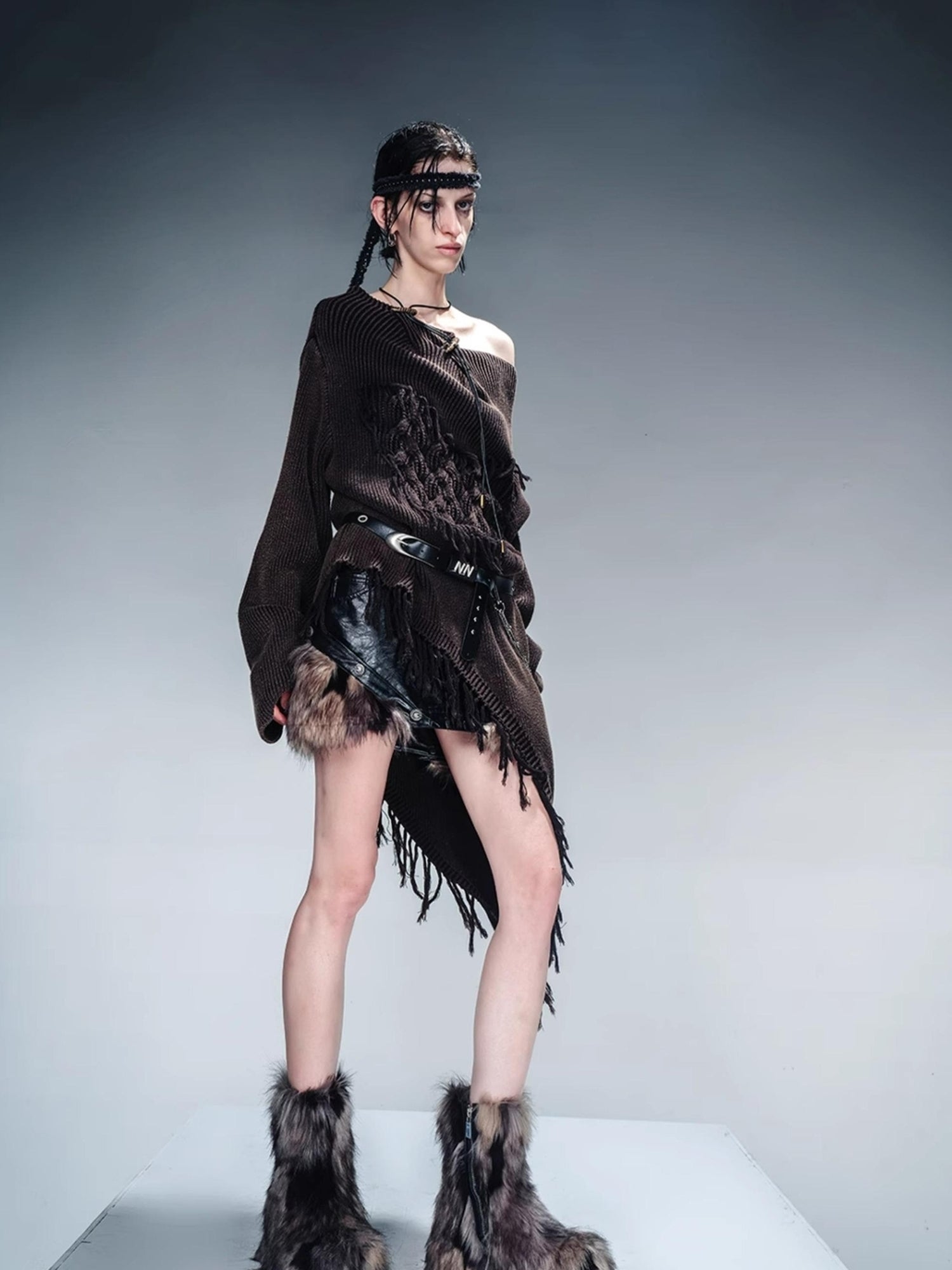 NN NORTH NODE Distressed Fringe Sweater With Asymmetric Hem