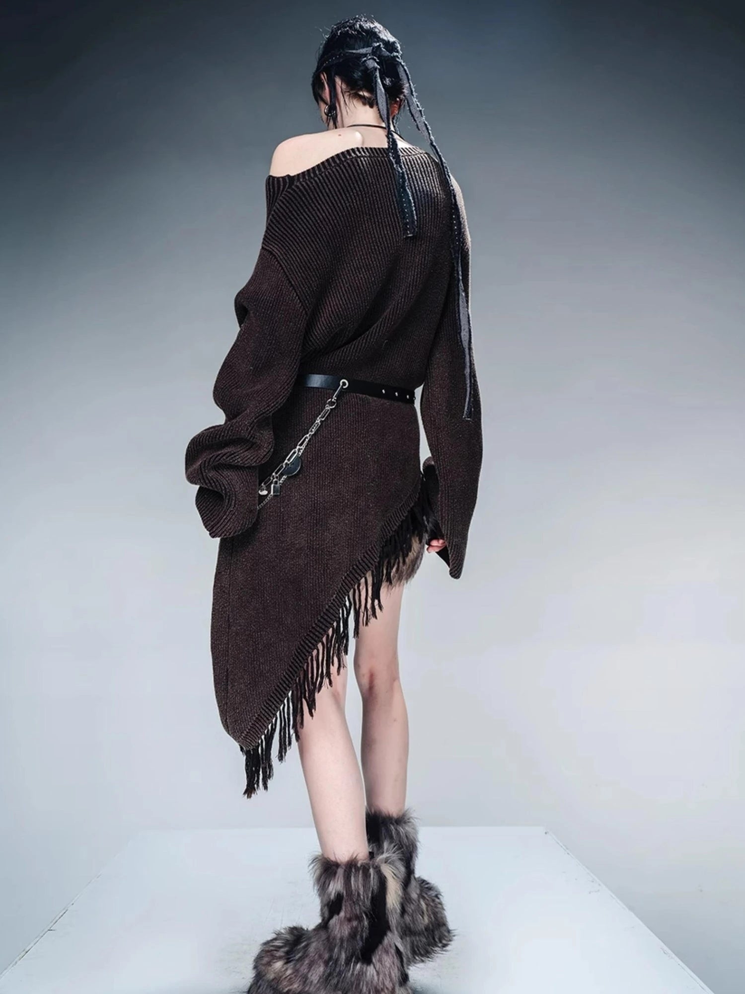 Distressed Fringe Sweater With Asymmetric Hem