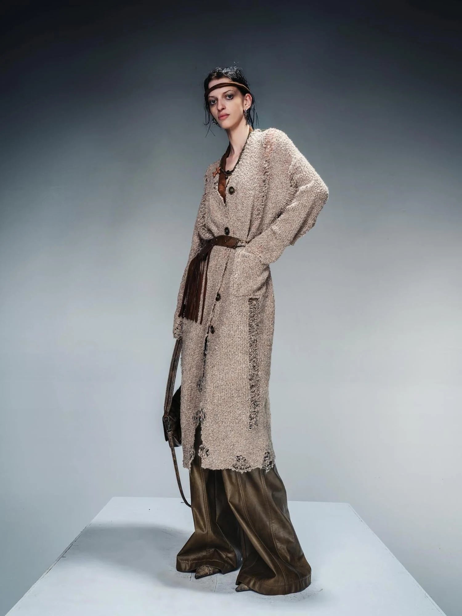 Distressed Knit Cardigan With Thermal Consideration