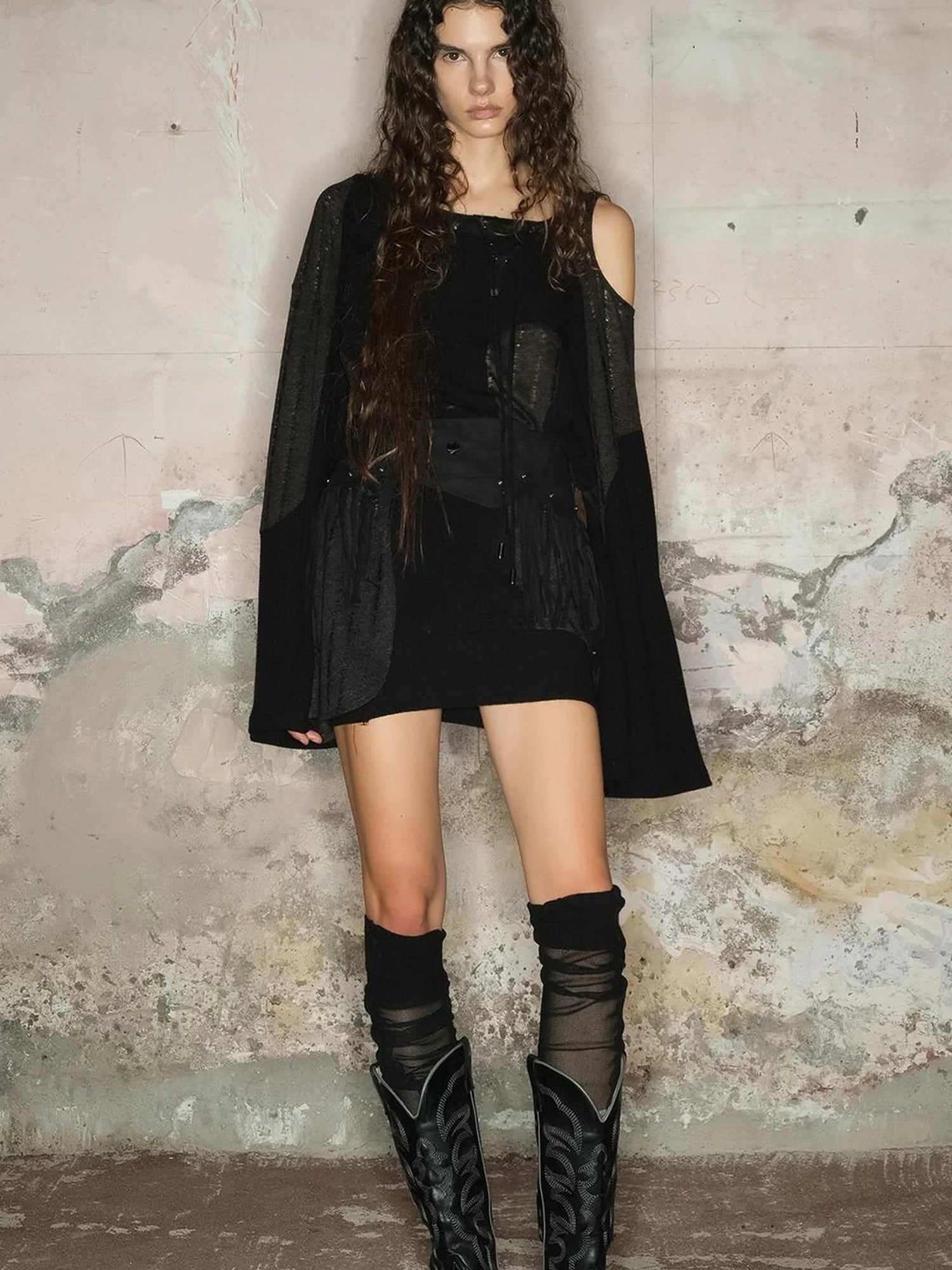 Distressed Mesh Knit Sweater With Scarf