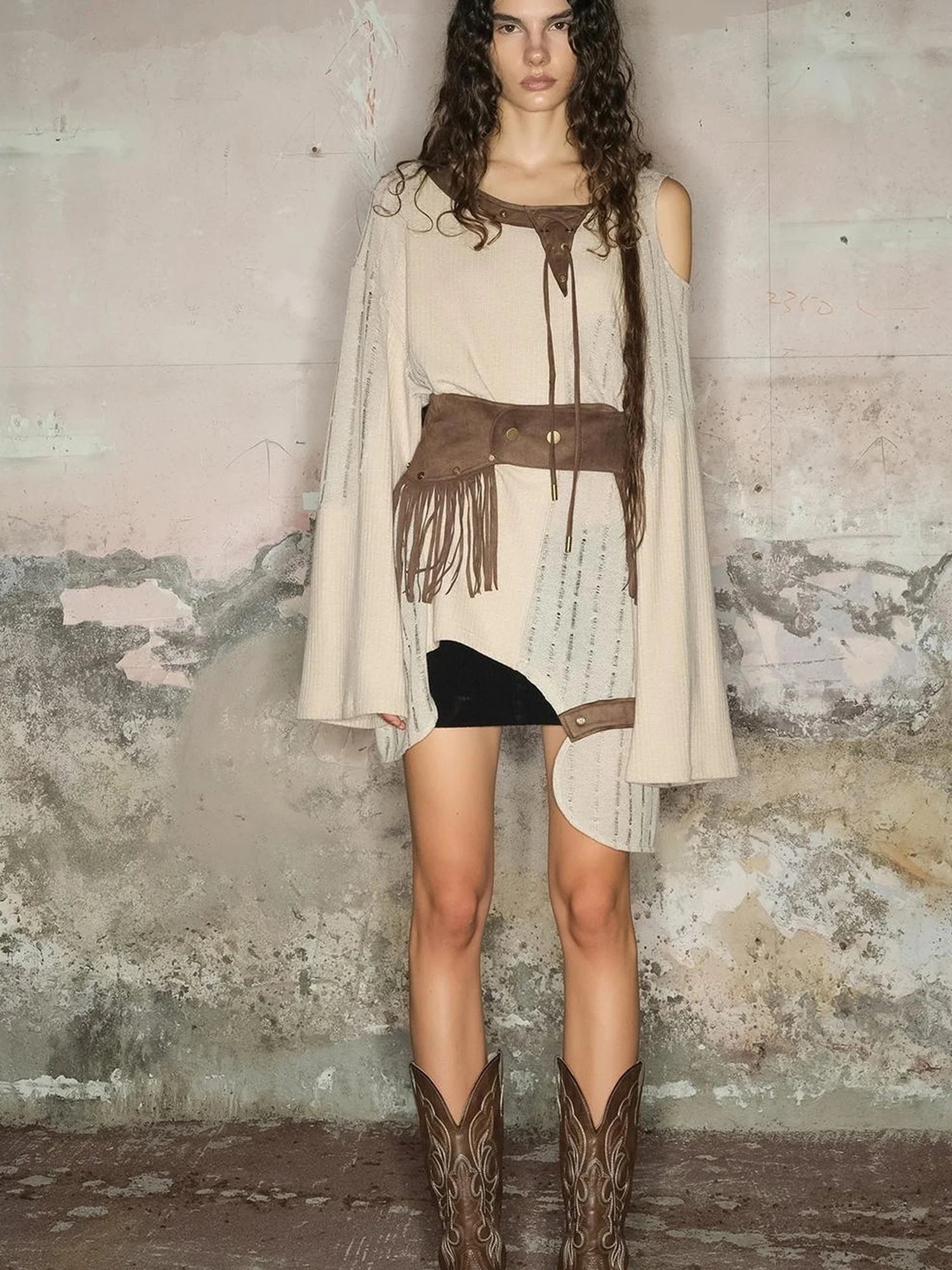 Distressed Mesh Knit Sweater With Scarf